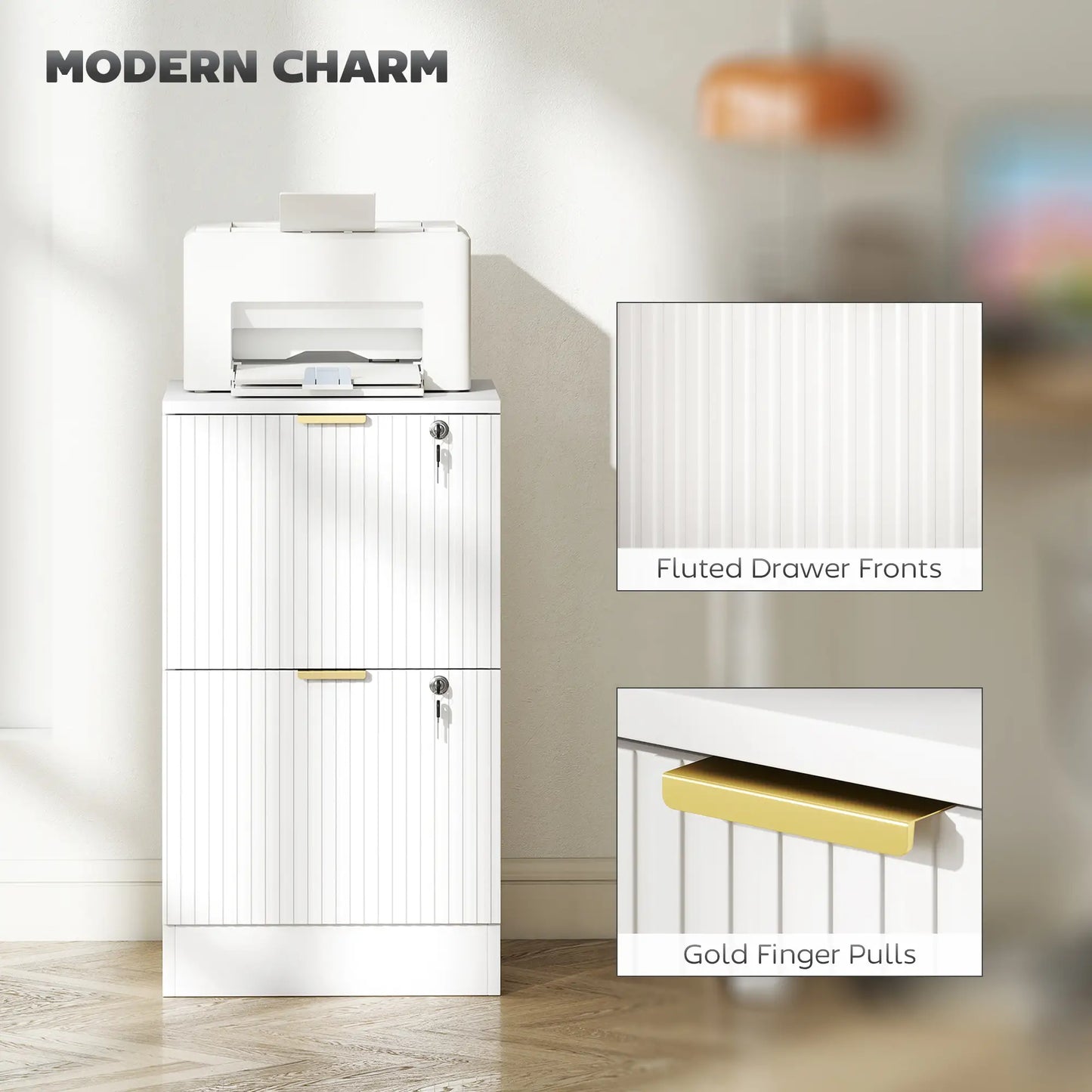 Lockable Filing Cabinet, 2 Fluted Drawers, Adjustable Hanging Rails, White Office Cabinets & Cupboards at Gallery Canada