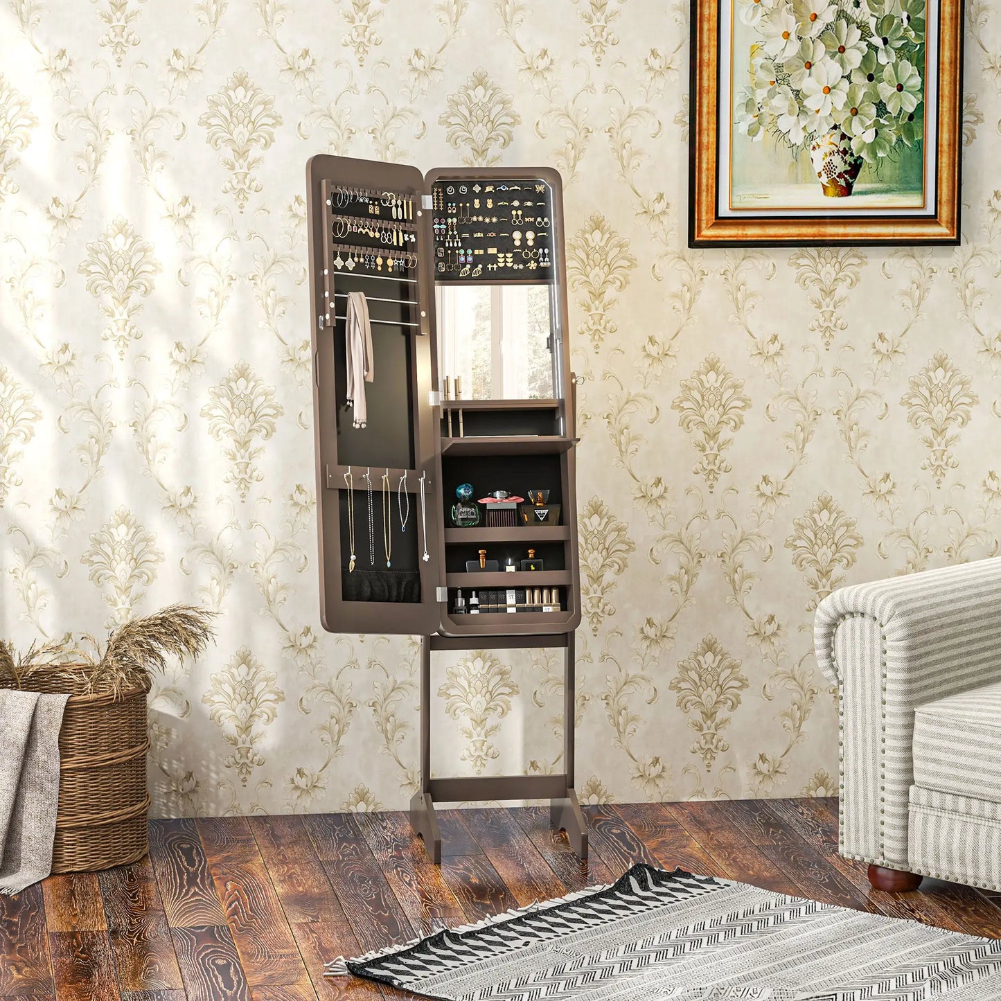 Standing Jewelry Cabinet with LED, Adjustable Mirror, Brown Jewelry Armoire & Jewellery Mirror Cabinets at Gallery Canada