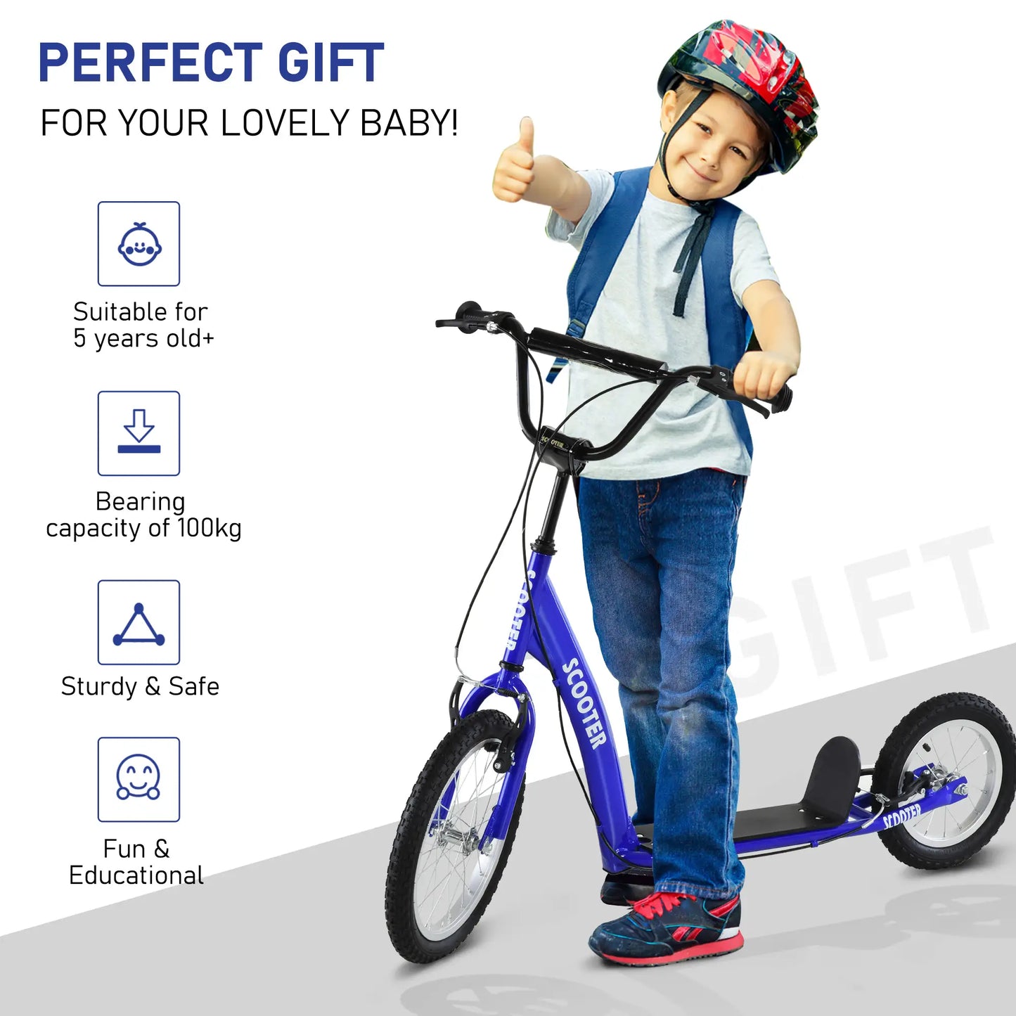 Kids Scooter, Adjustable Handlebar, Dual Brakes, Inflatable Wheels, Age 5+, Blue Scooters at Gallery Canada