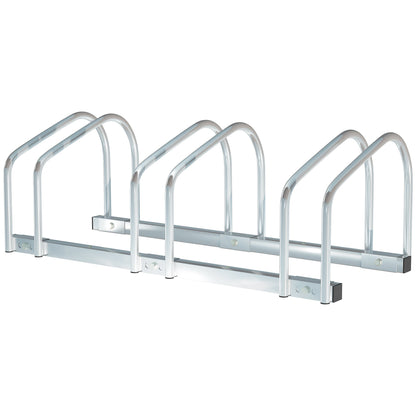3-Bike Bicycle Floor Parking Rack Cycling Storage Stand Ground Mount Garage Organizer for Indoor and Outdoor Use Silver - Gallery Canada