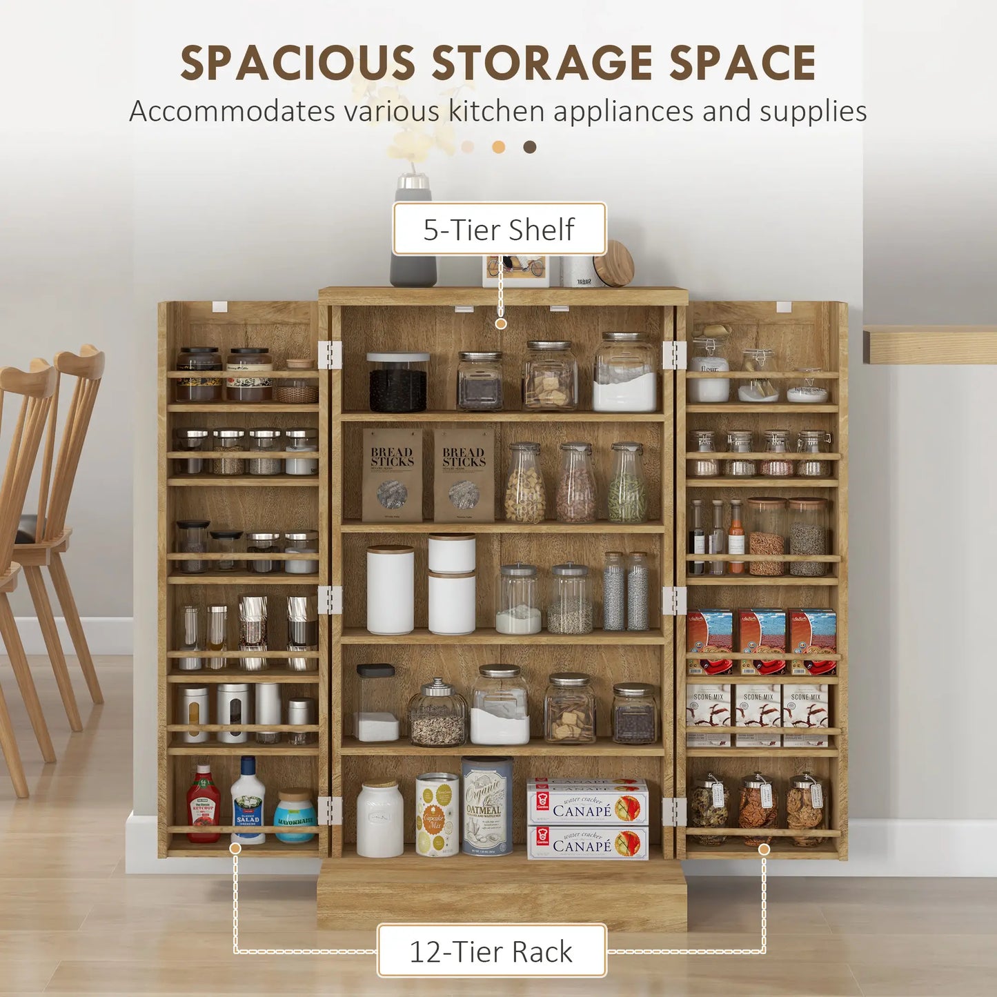 41" Rattan Kitchen Storage Cabinet, 5-Tier Shelf, 12 Spice Racks, Adjustable Shelves, Natural Kitchen Pantry Cabinets at Gallery Canada