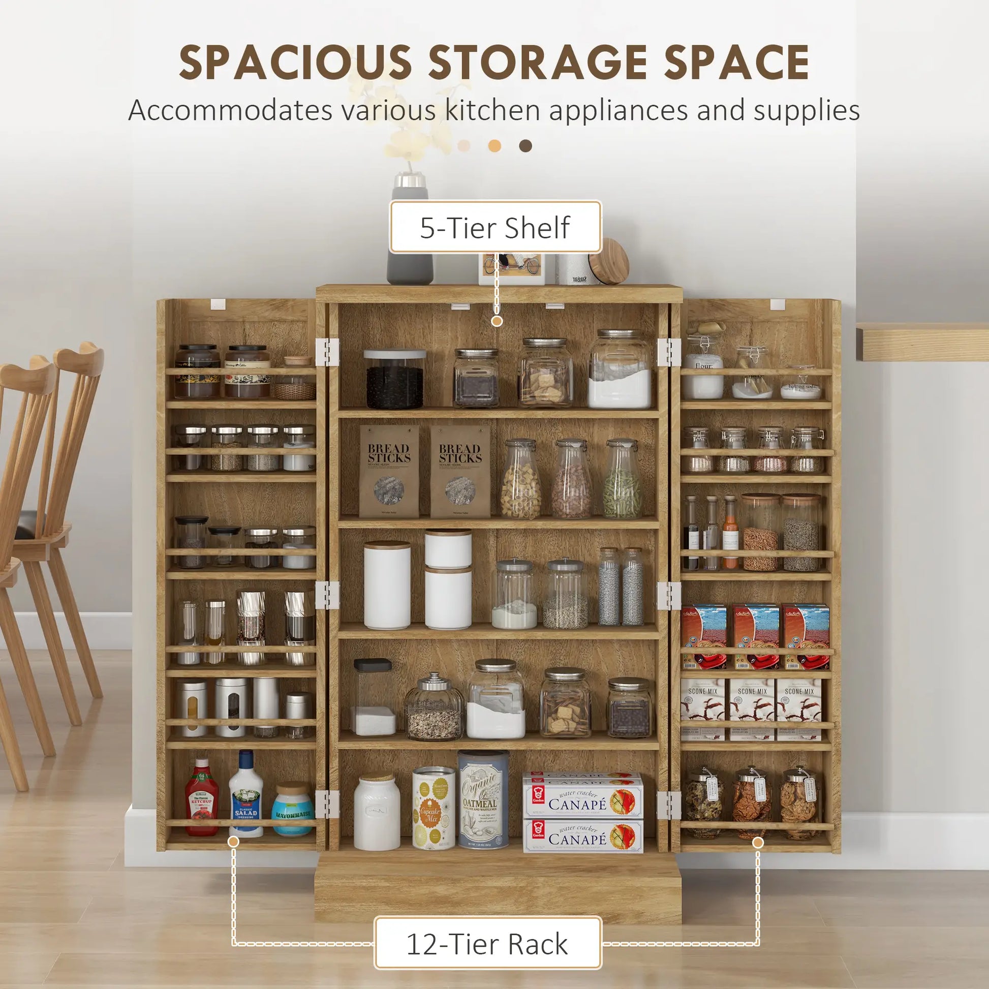 41" Rattan Kitchen Storage Cabinet, 5-Tier Shelf, 12 Spice Racks, Adjustable Shelves, Natural Kitchen Pantry Cabinets at Gallery Canada