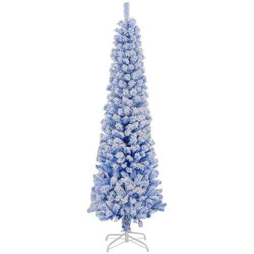 6ft Flocked Pencil Christmas Tree, Realistic Branch Tips, Blue