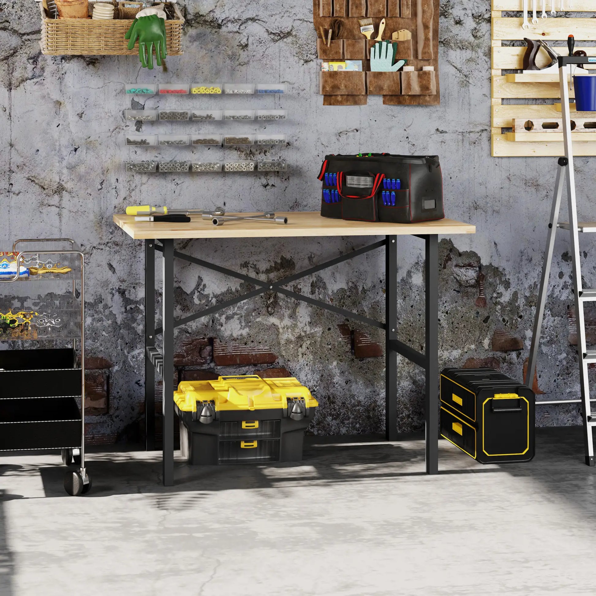 46" Workbench Table, Oak Wood Top, Heavy-Duty Steel, Natural Wood Potting Benches & Tables at Gallery Canada