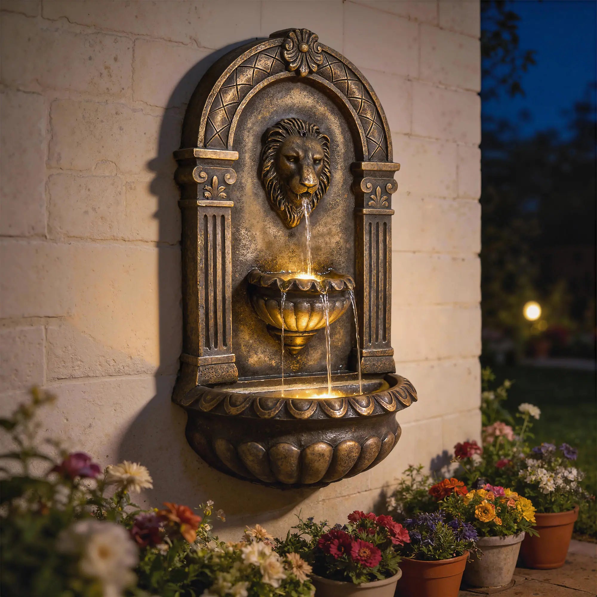 Wall Mounted 3 Tier Outdoor Fountain, Resin Waterfall With LED Lights, Rustic Brown Water Fountains at Gallery Canada