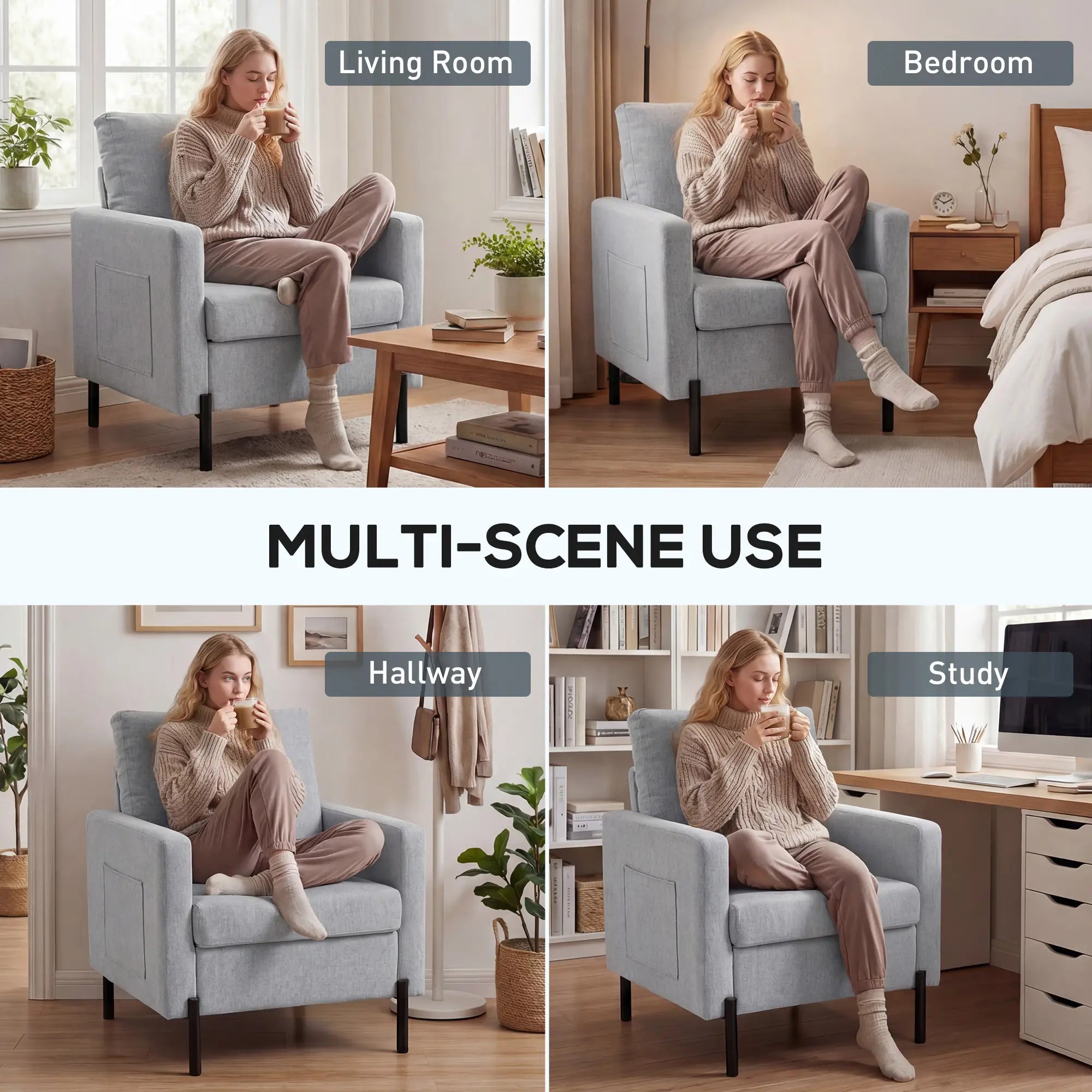 Modern Upholstered Armchair With Side Pockets, Cushion, Light Grey Accent Chairs at Gallery Canada