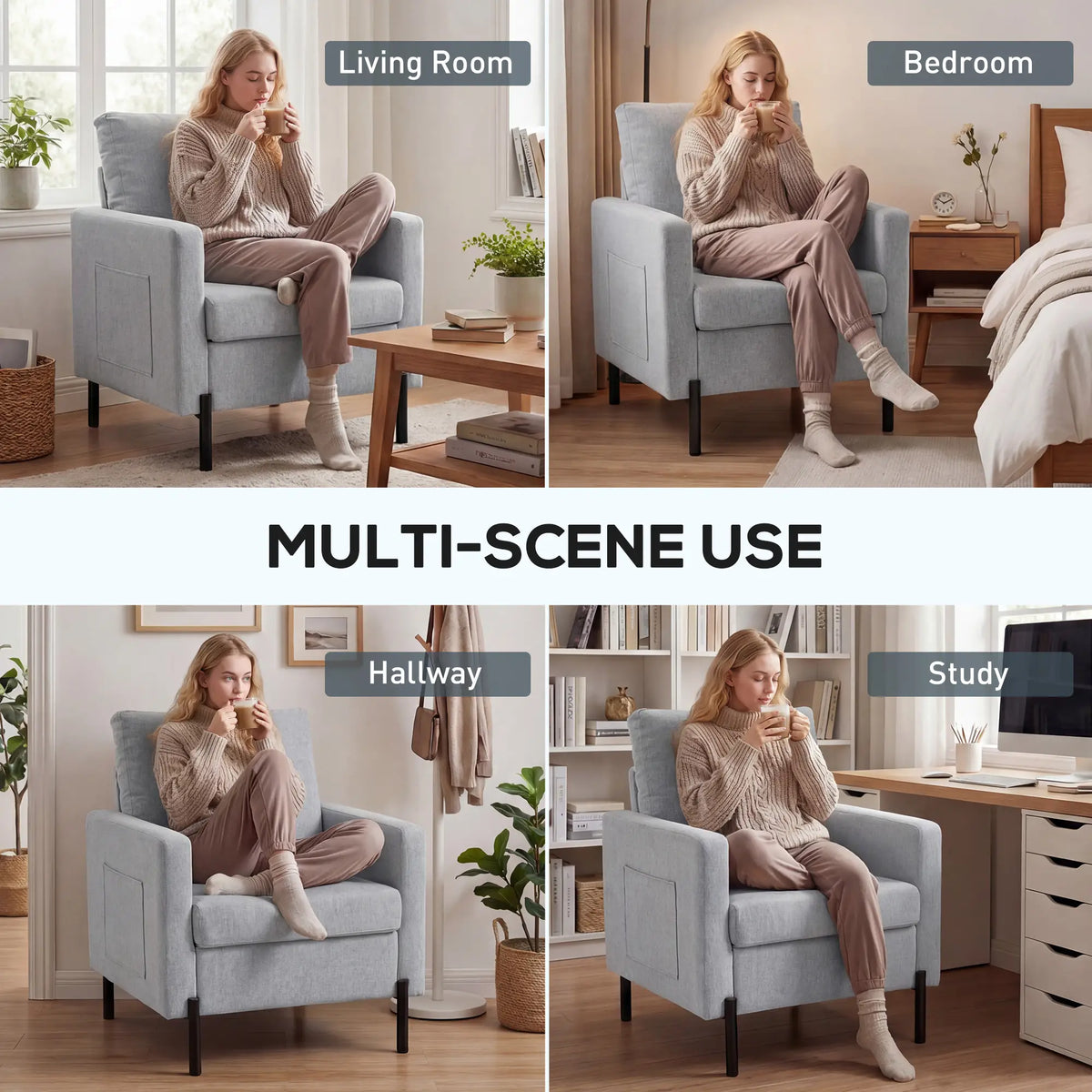 Modern Upholstered Armchair With Side Pockets, Cushion, Light Grey Accent Chairs at Gallery Canada