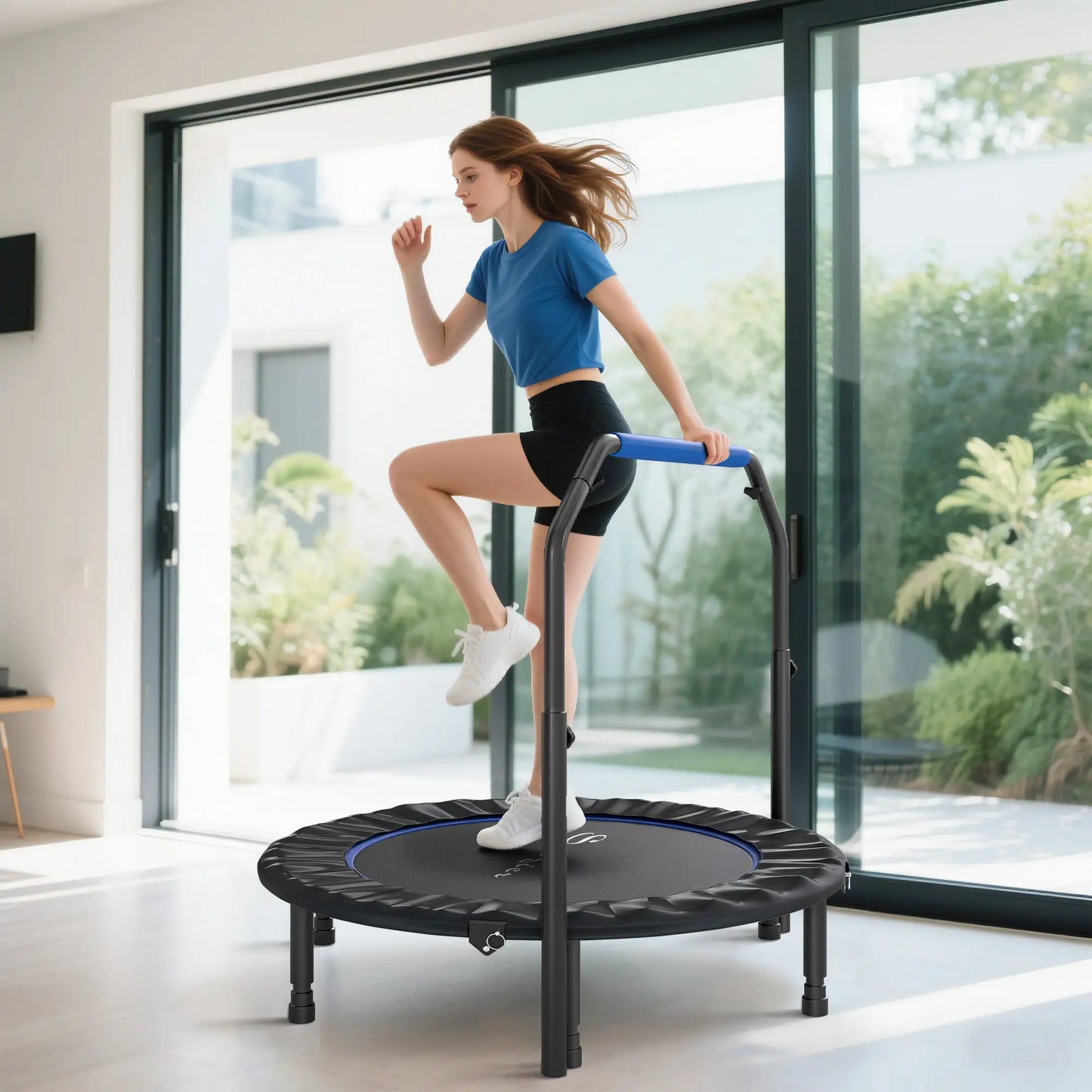 45" Foldable Mini Fitness Trampoline, Adjustable Foam Handle, Blue Trampolines at Gallery Canada