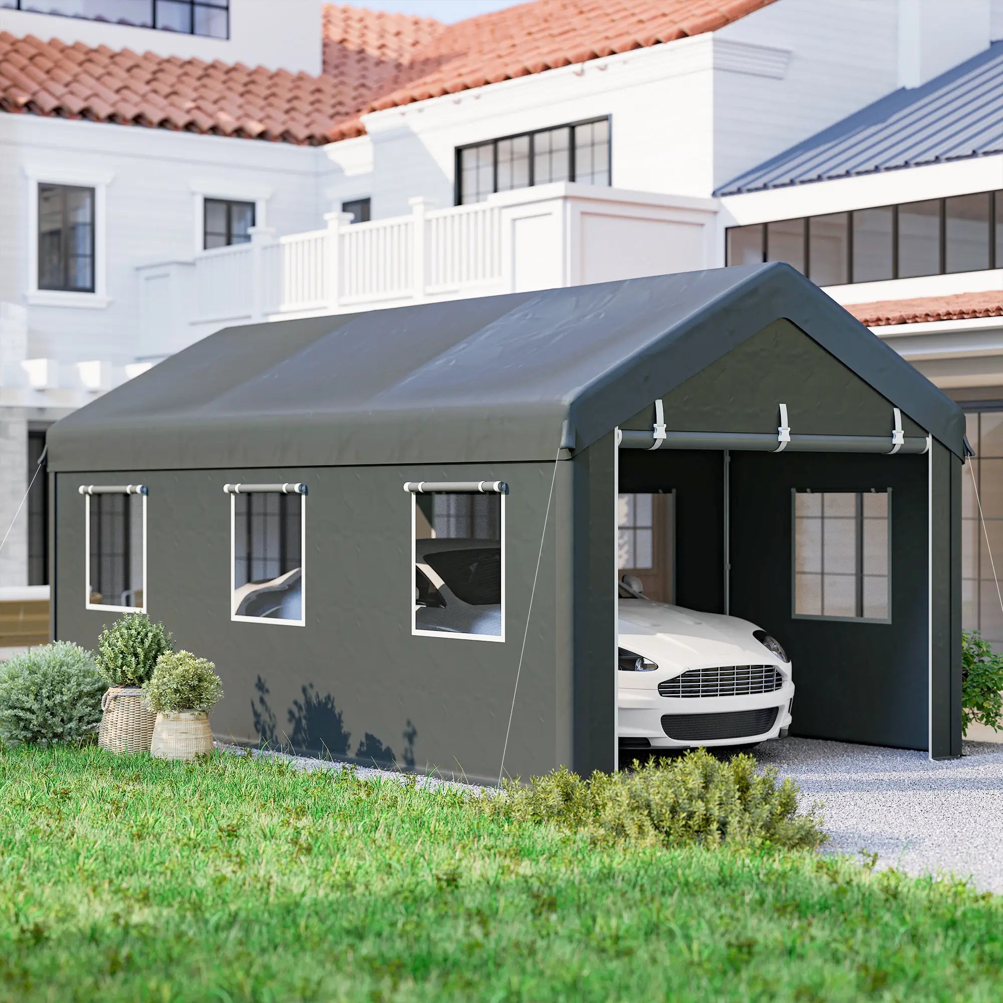 10' x 20' Heavy Duty Portable Garage, 6 Mesh Windows, 2 Doors, Dark Grey Car Shelters at Gallery Canada