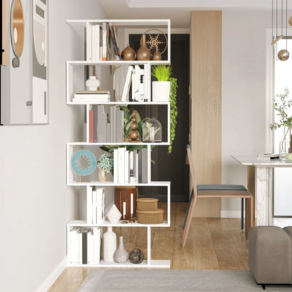 76" 6-Tier Geometric Wooden Bookcase, S Shaped Storage Shelf, White Display Bookshelves at Gallery Canada