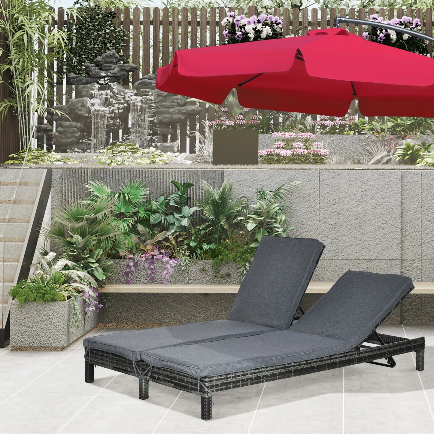Wicker Double Chaise Lounge, Outdoor Recliner, Rattan Sunbed, Adjustable Backrest, Black, Grey Chaise Loungers at Gallery Canada