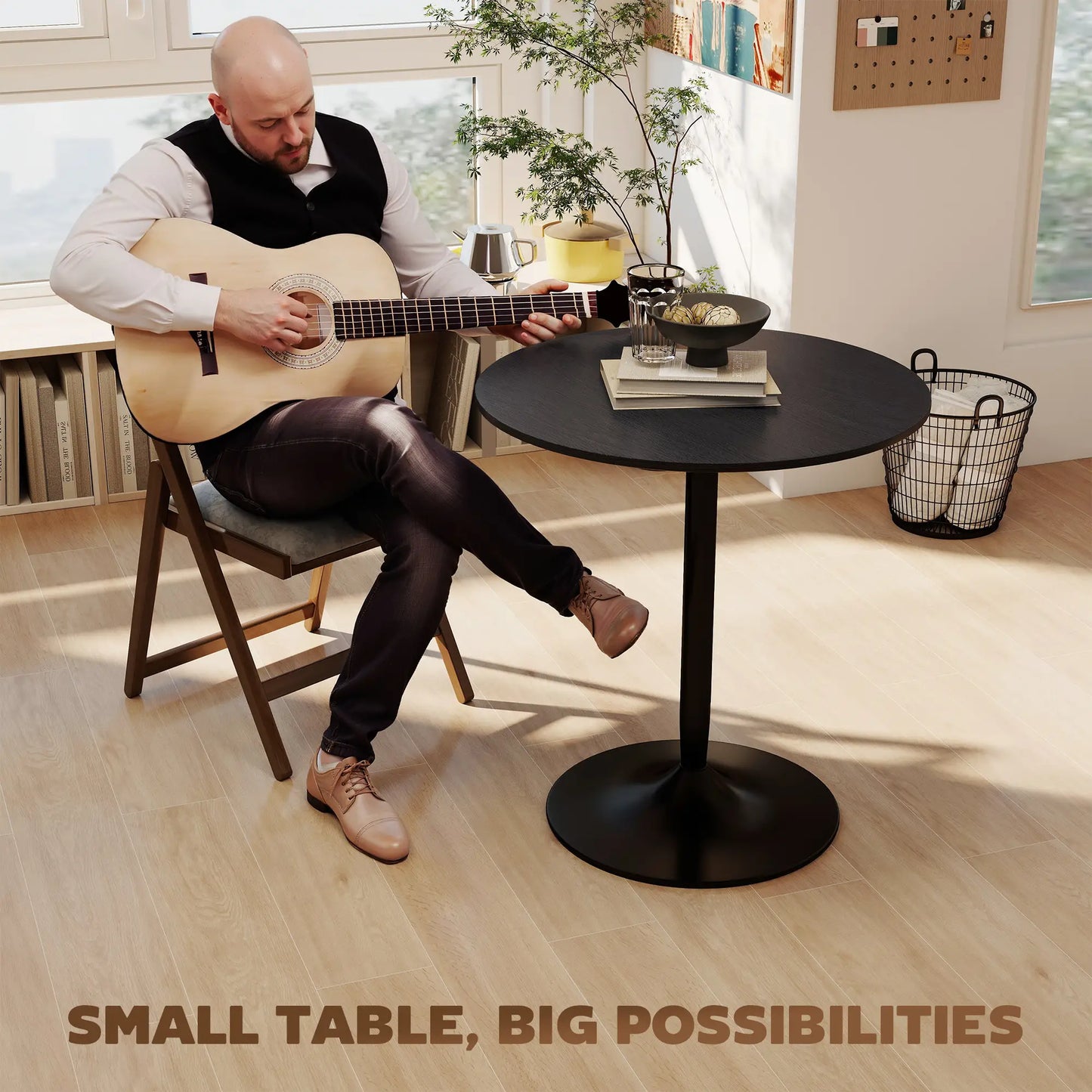 27.6" Round Kitchen Table for 2, Wood Veneer, Steel Base, Black Dining Tables at Gallery Canada