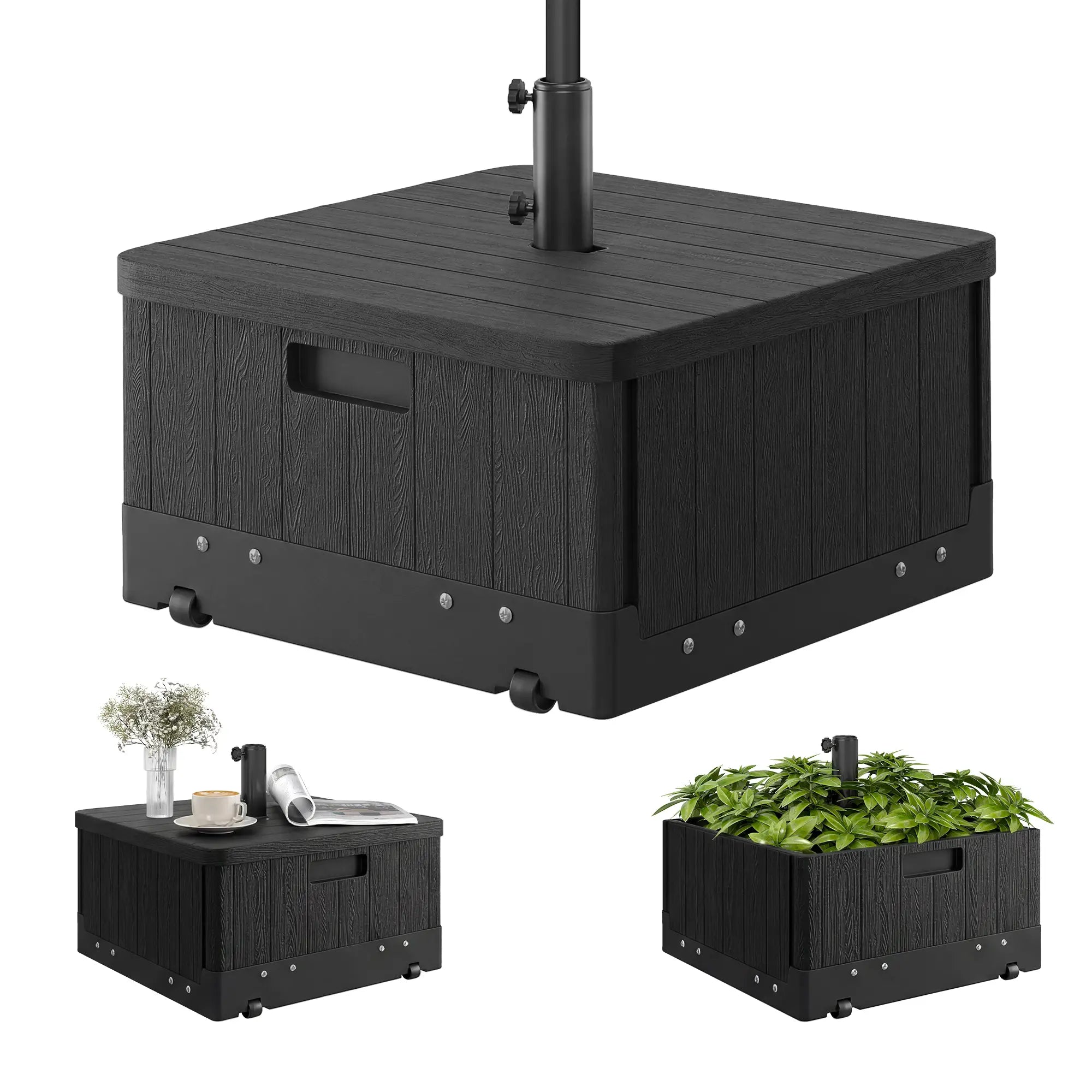 3-in-1 Outdoor Umbrella Base with Wheels, Side Table, Planter Box, 175lbs, Black Umbrella Bases Black at Gallery Canada