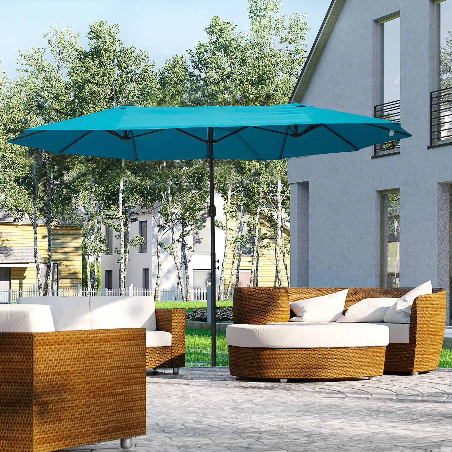 15ft Double-Sided Patio Umbrella, Twin Canopy, Crank, Sky Blue Sun Umbrellas at Gallery Canada