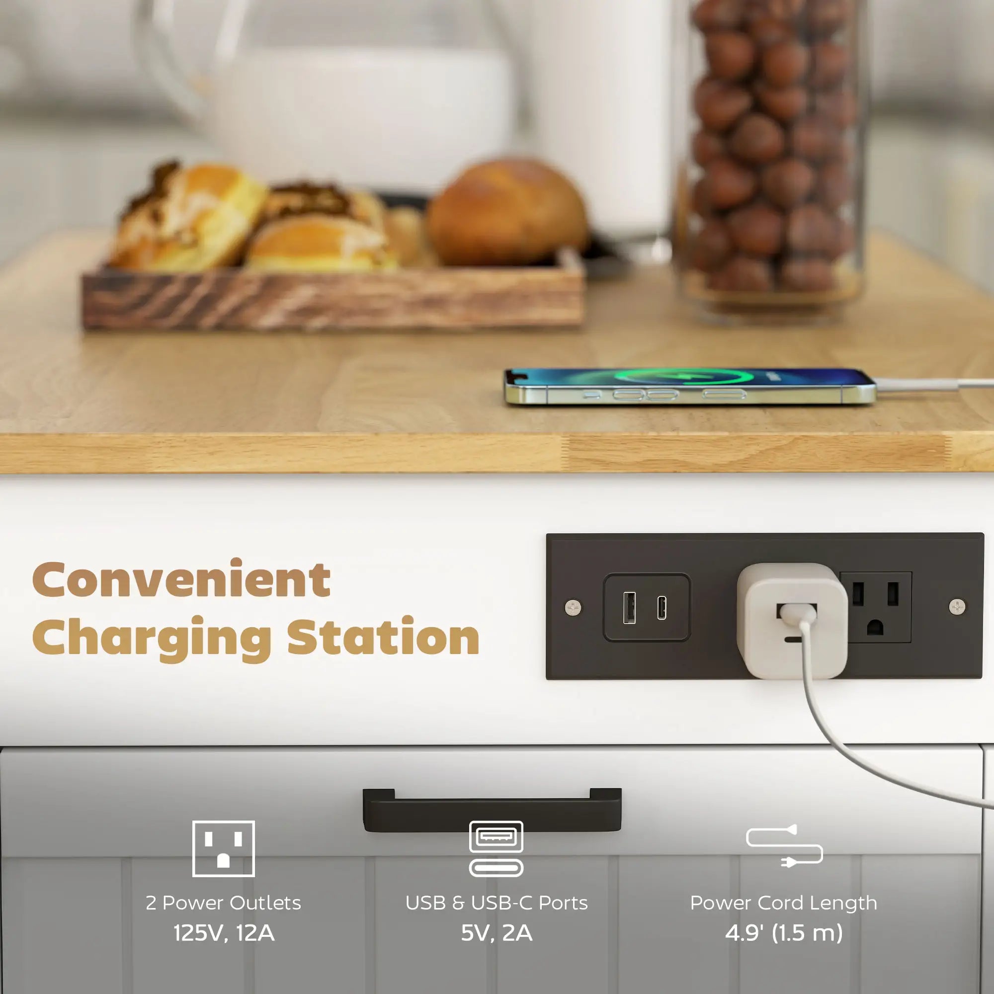 Portable Kitchen Island Cart, Rubber Wood Drop Leaf, Trash Storage, White Kitchen Islands & Kitchen Carts at Gallery Canada