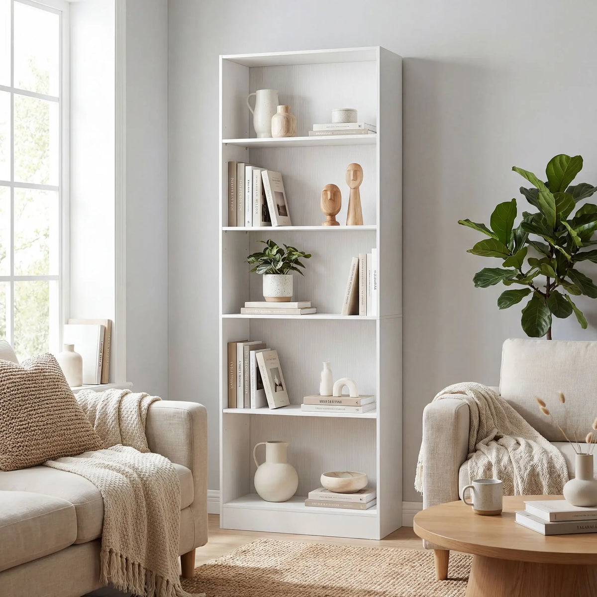 5-Tier Bookcase, Adjustable Shelves, Storage Bookshelf, White