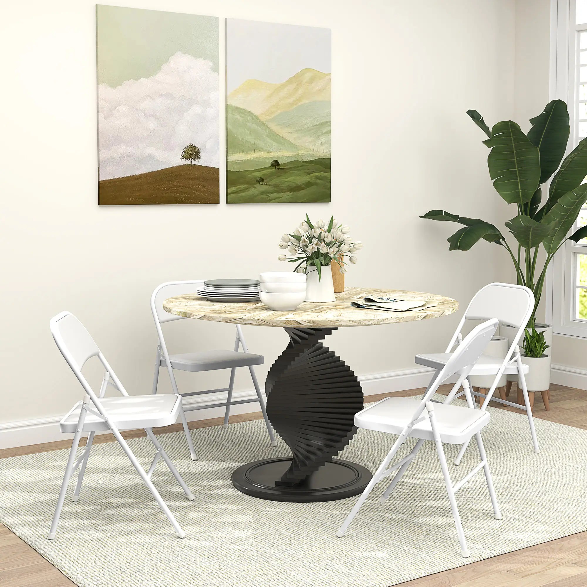 4 Metal Foldable Chairs, PU Leather Padded, White Dining Chairs at Gallery Canada