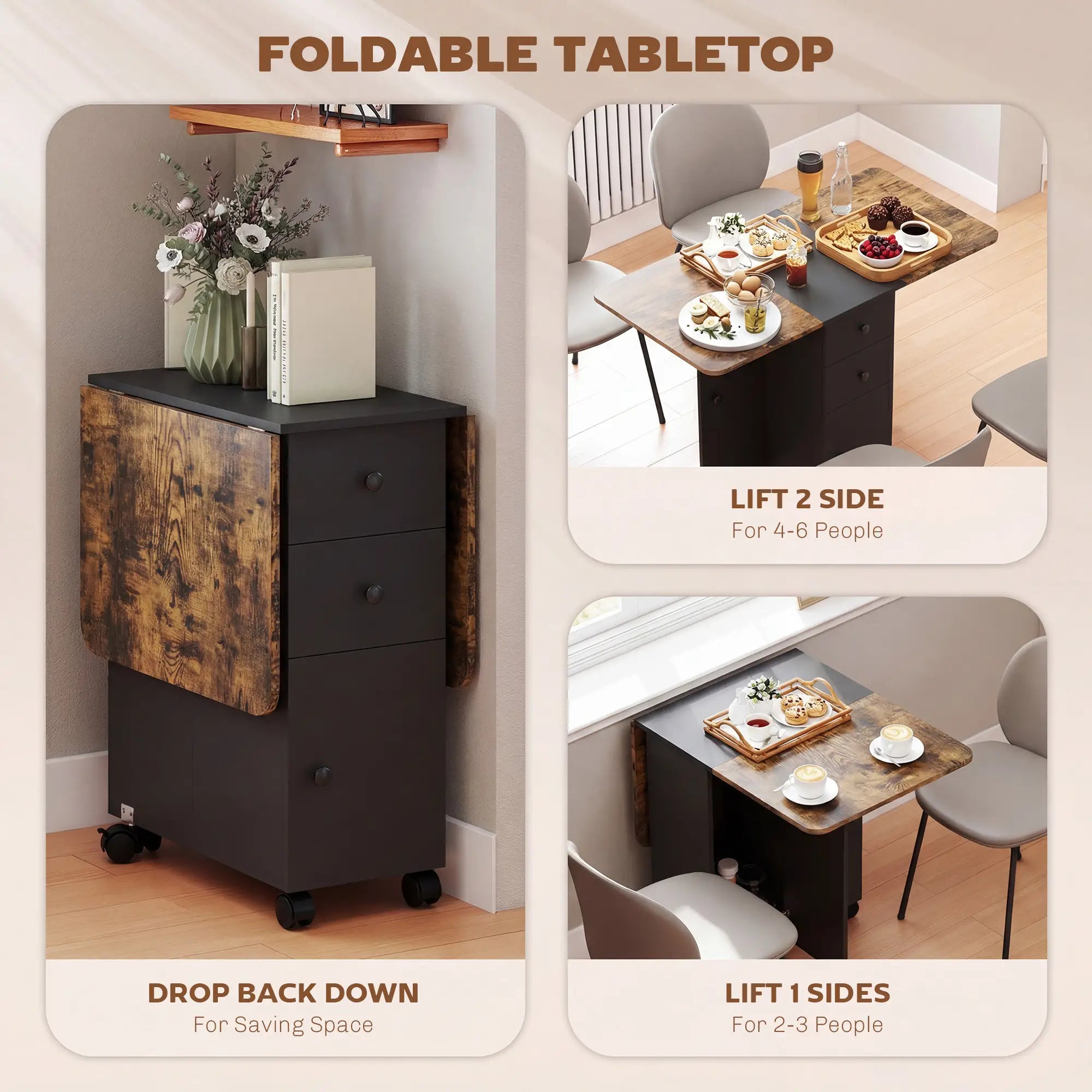 Drop Leaf Dining Table On Wheels With Drawers, Rustic Brown And Black, Brown, Black Dining Tables at Gallery Canada