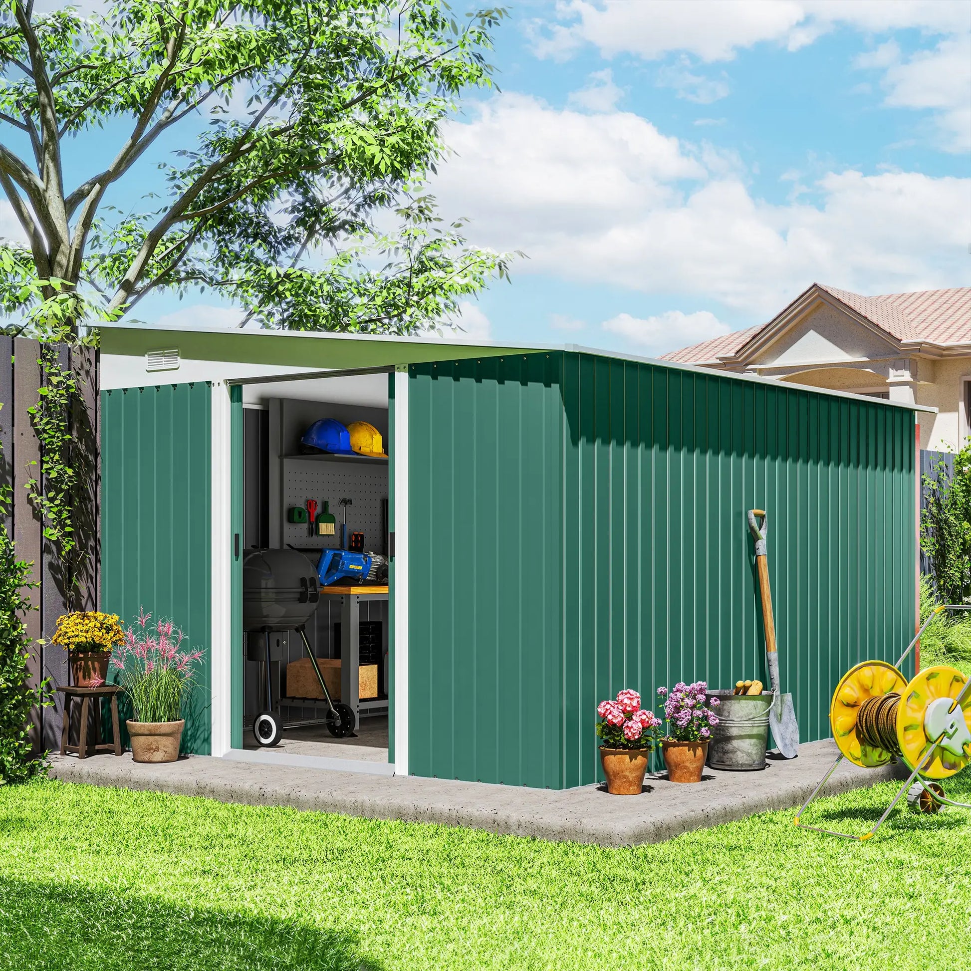 11' x 9' Steel Garden Storage Shed, Outdoor Metal Tool House, Green Sheds at Gallery Canada