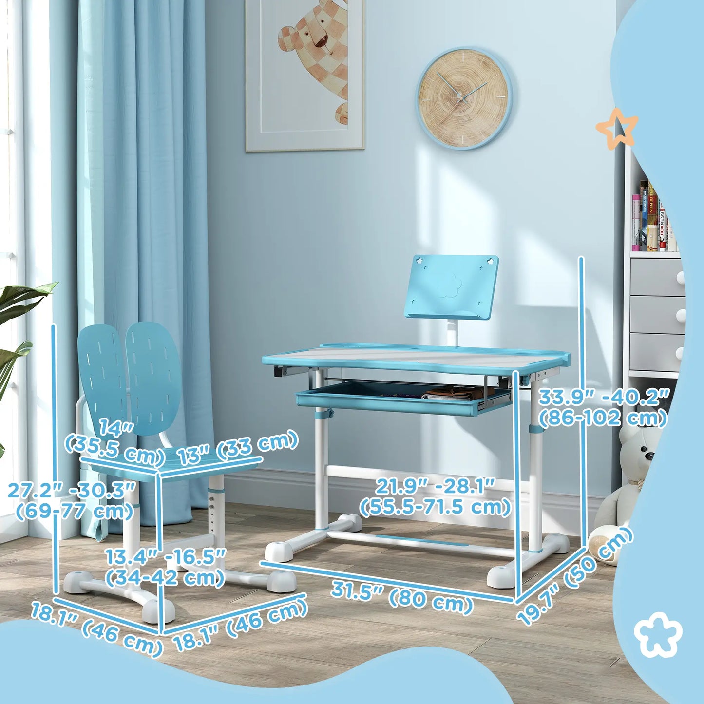 Adjustable Kids Desk and Chair Set, Tilt Desktop, Large Board, Drawer, Blue Kids Desk Sets at Gallery Canada