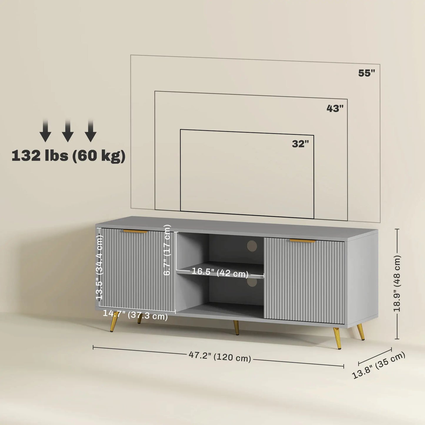 TV Stand for 55 Inch TV, 2 Open Shelves, 2 Cabinets, Grey TV Stands at Gallery Canada