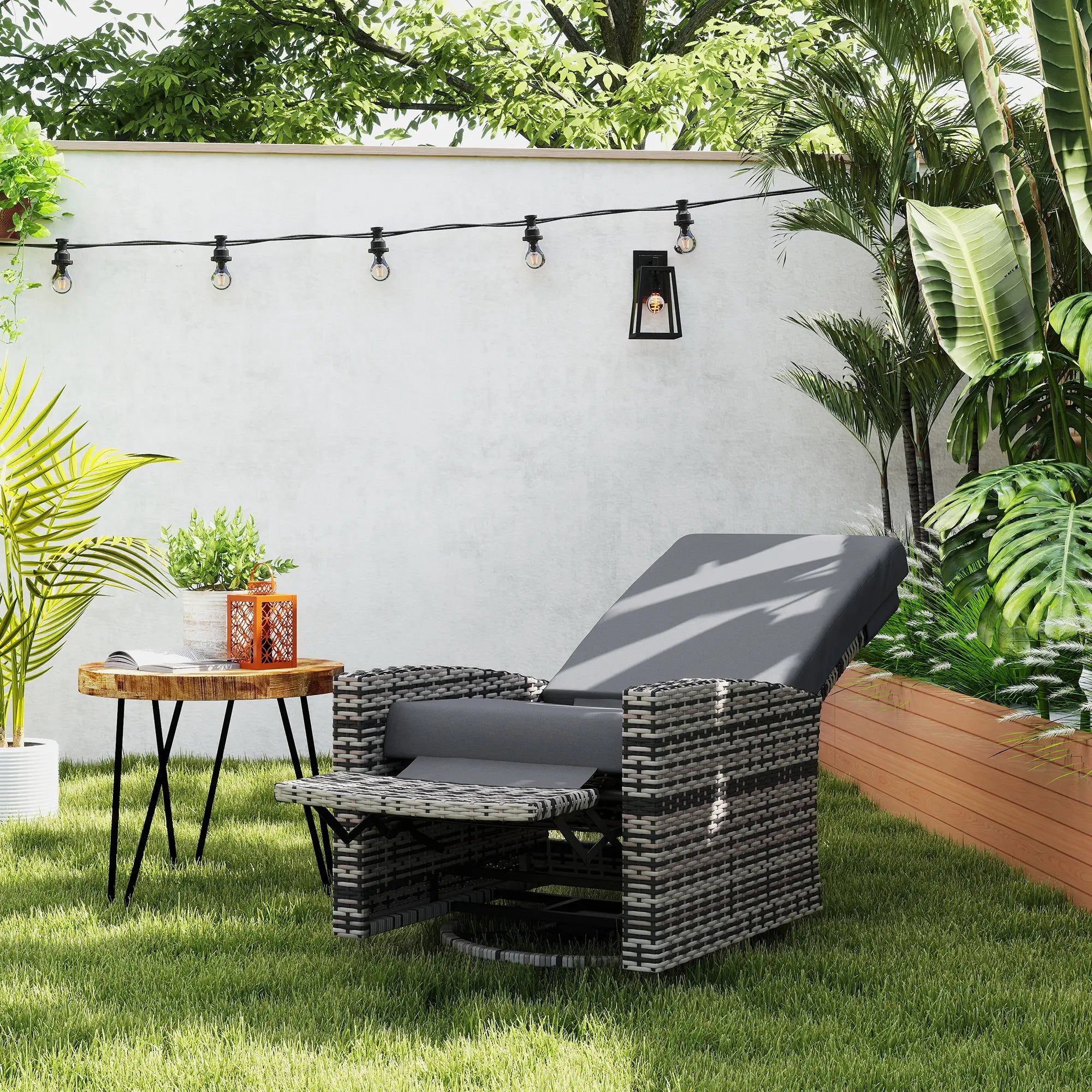 Outdoor Rattan Wicker Lounge Chair with Footrest, Soft Cushion, Grey Patio Chairs at Gallery Canada