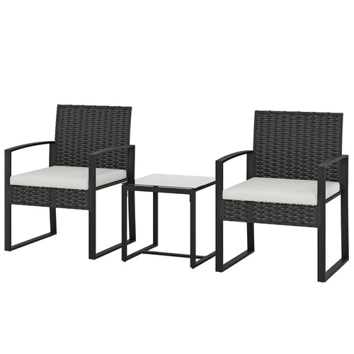 3 Piece Wicker Patio Set, Glass Top Table With Cushions, Cream White