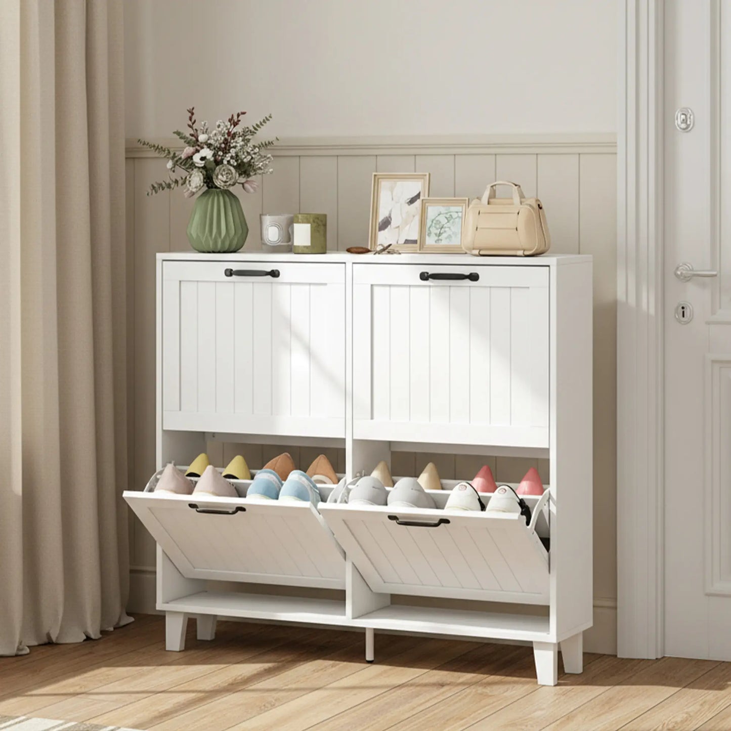 Shoe Cabinet with 4 Flip Drawers, Freestanding Narrow Shoe Storage Cabinet with Adjustable Shelves, Open Back, White