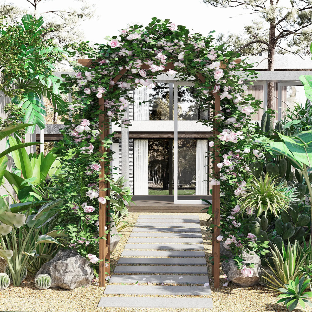 79" Arched Plant Trellis, Pergola Style Roof, Fir Wood Frame Garden Arches at Gallery Canada