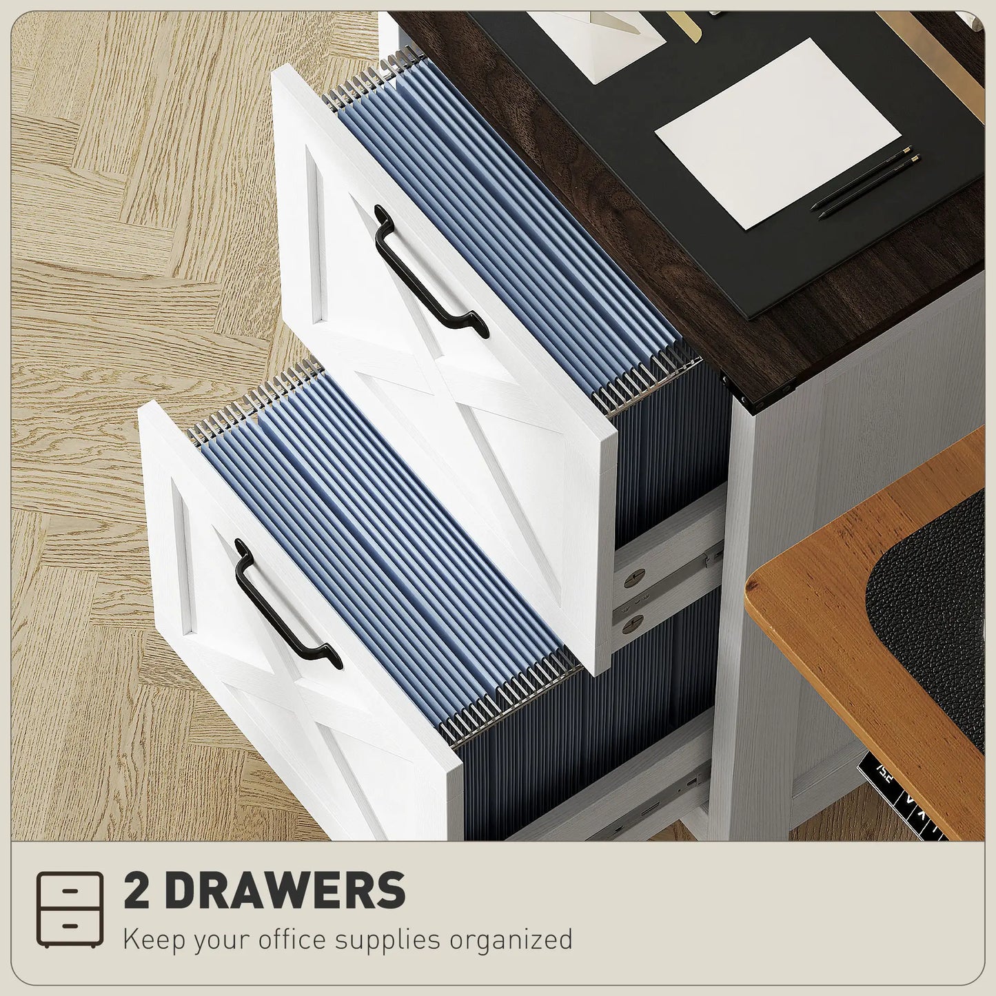 2 Drawer Vertical Filing Cabinet, Rustic Farmhouse, A4 Letter Size, Distressed White, White Office Cabinets & Cupboards at Gallery Canada