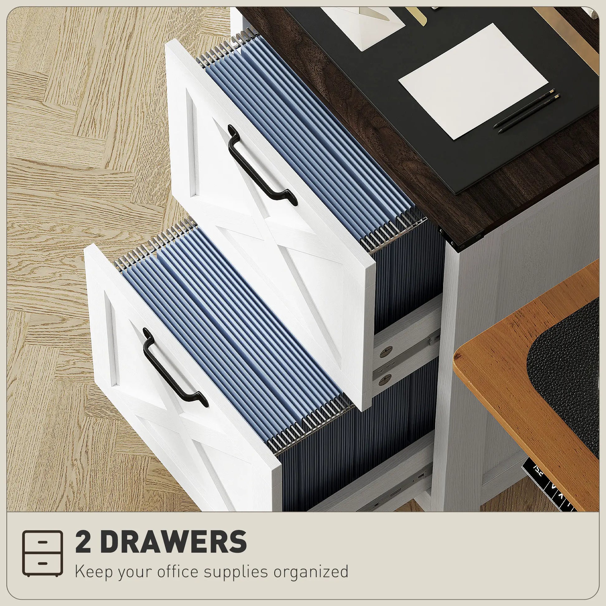 2 Drawer Vertical Filing Cabinet, Rustic Farmhouse, A4 Letter Size, Distressed White, White Office Cabinets & Cupboards at Gallery Canada