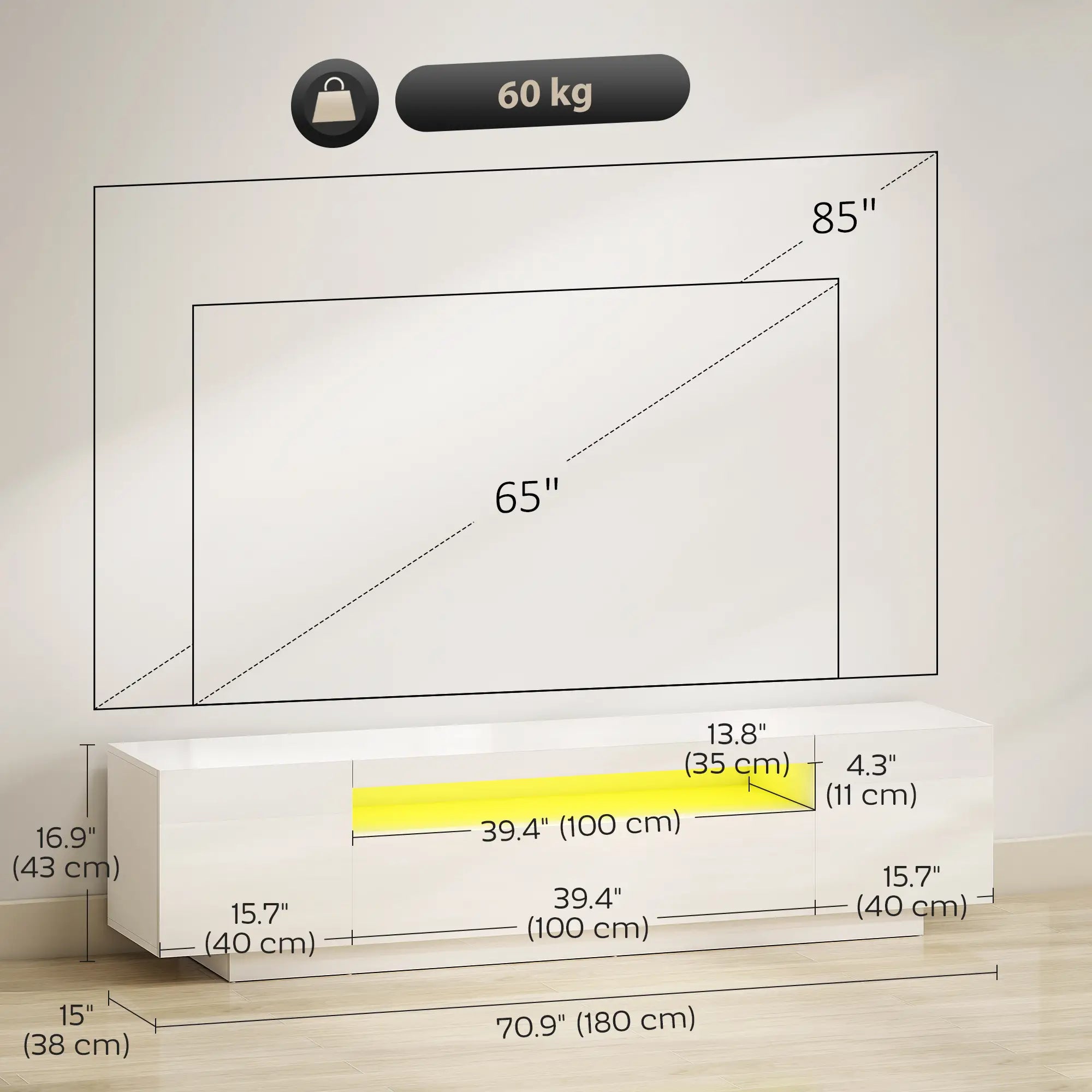 TV Stand for 65-85 Inch TV, RGB LED Lights, White TV Stands at Gallery Canada