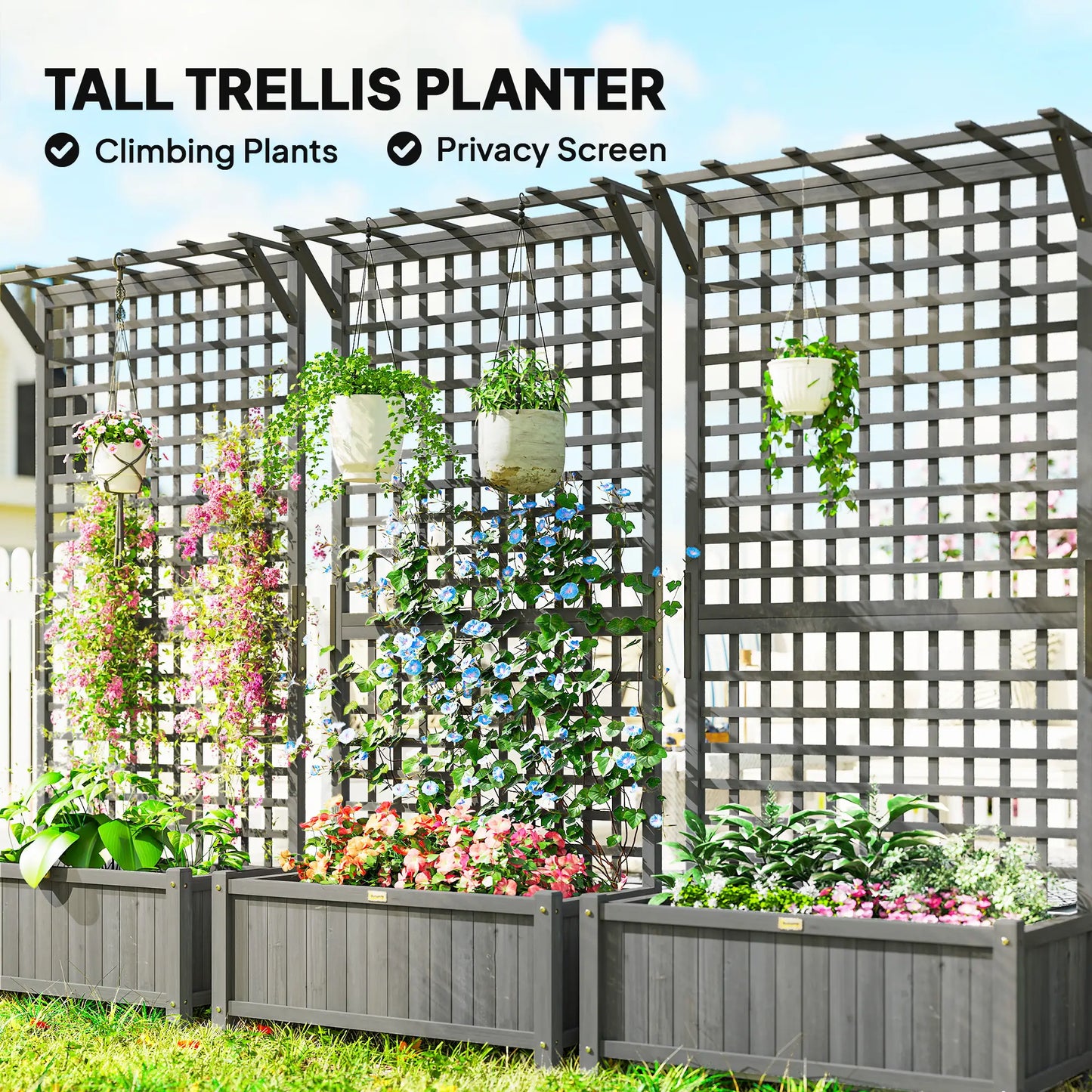 Wood Planter with Trellis, Raised Garden Bed, Privacy Screen, Dark Grey Wooden Planter Boxes at Gallery Canada