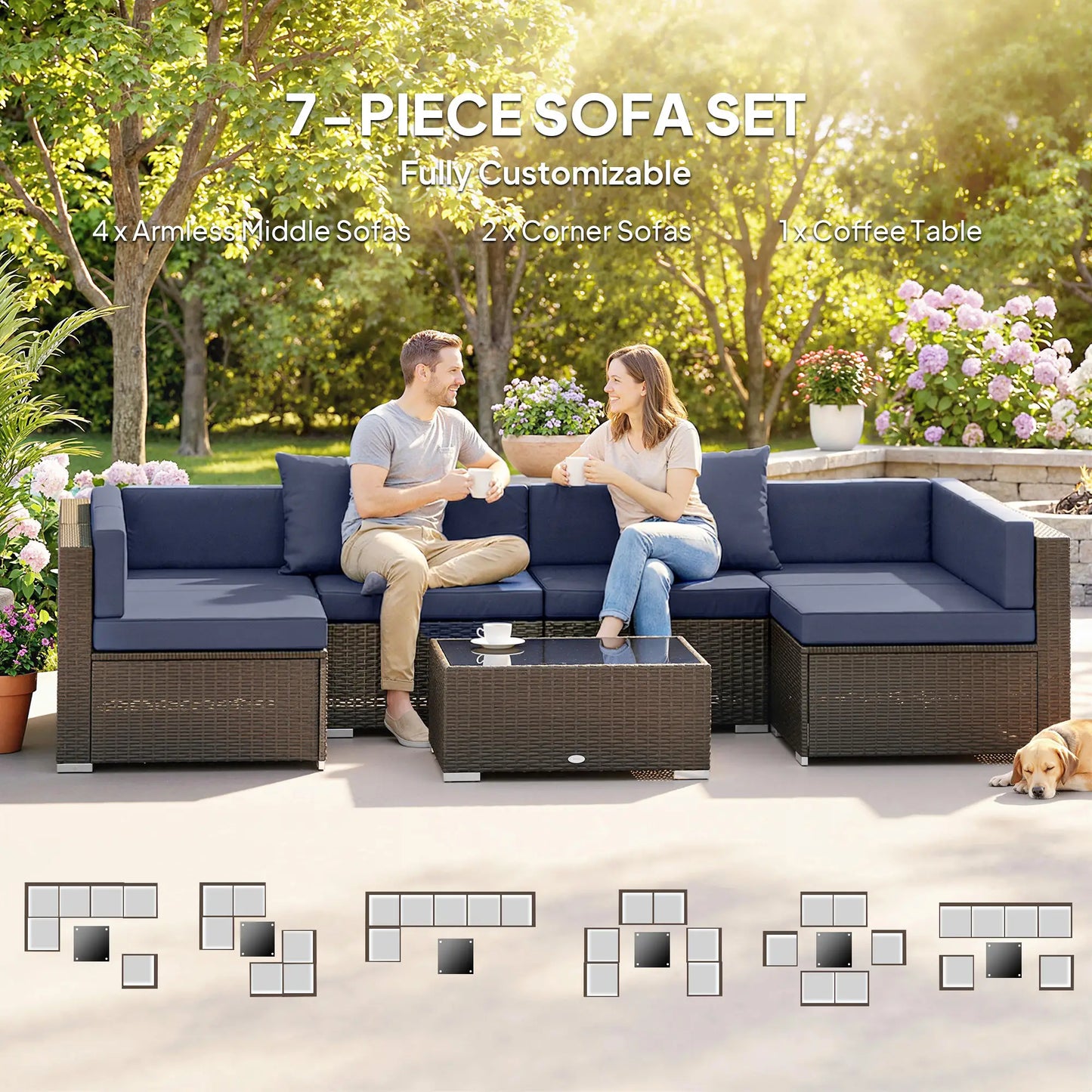 7pc Garden Wicker Sectional Set, Patio Rattan Lounge Sofa, Navy Blue Patio Furniture Sets at Gallery Canada