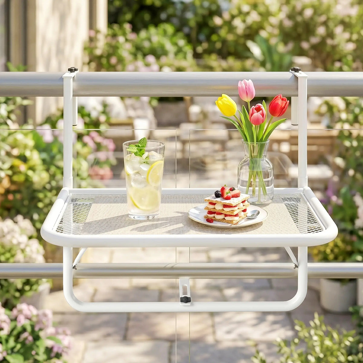 Adjustable Balcony Hanging Railing Table, Metal Wall Desk, White
