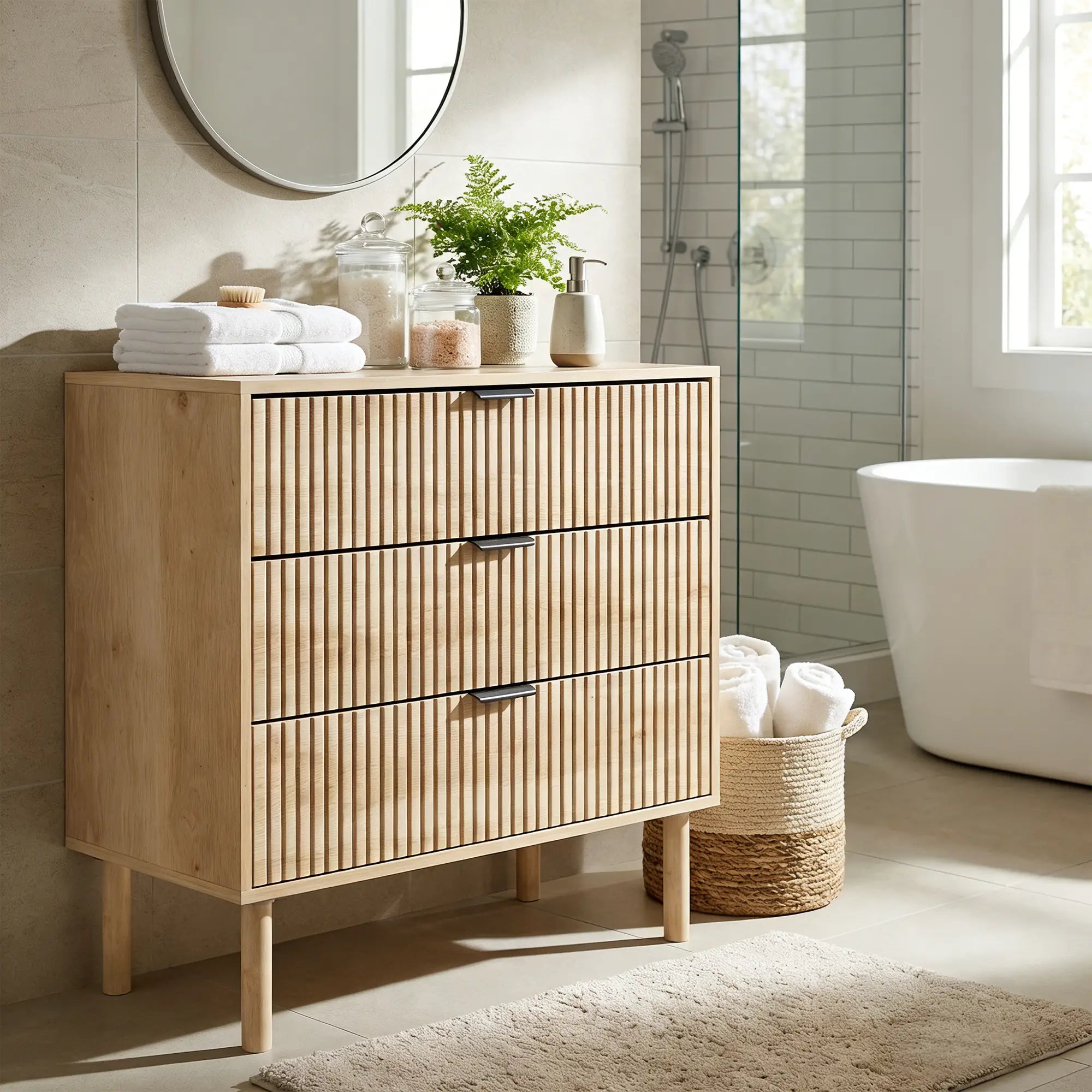 3 Drawer Dresser, Fluted Panels, Solid Wood Legs, Oak Storage Cabinets at Gallery Canada