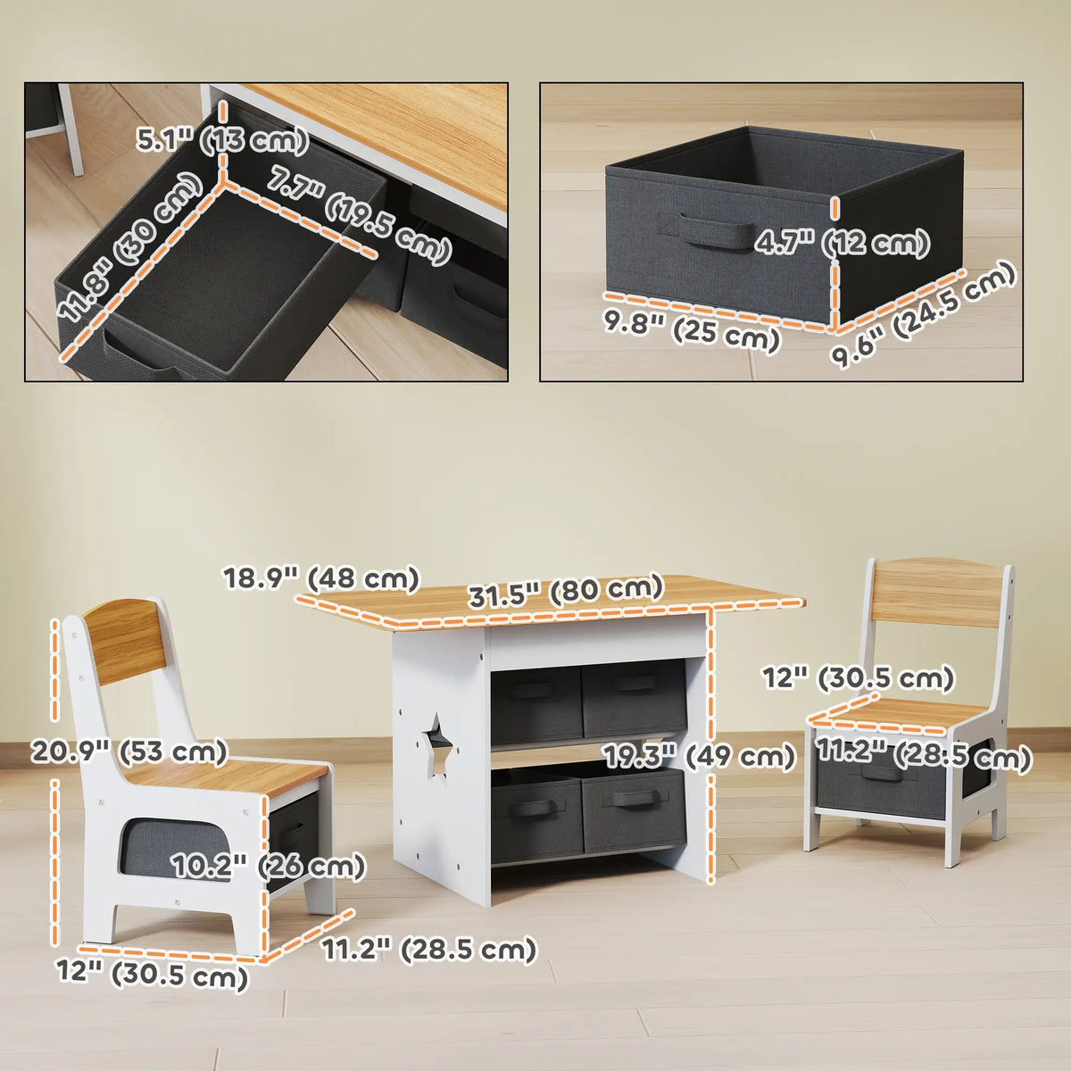 3 Piece Kids Table and Chair Set, 6 Removable Drawers, Natural Kids Table Sets at Gallery Canada
