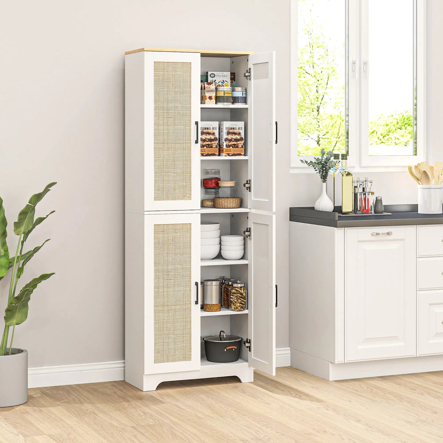 67" Tall Kitchen Pantry, Freestanding Cabinet, 4 Rattan Doors, Adjustable Shelves, White Storage Cabinets at Gallery Canada
