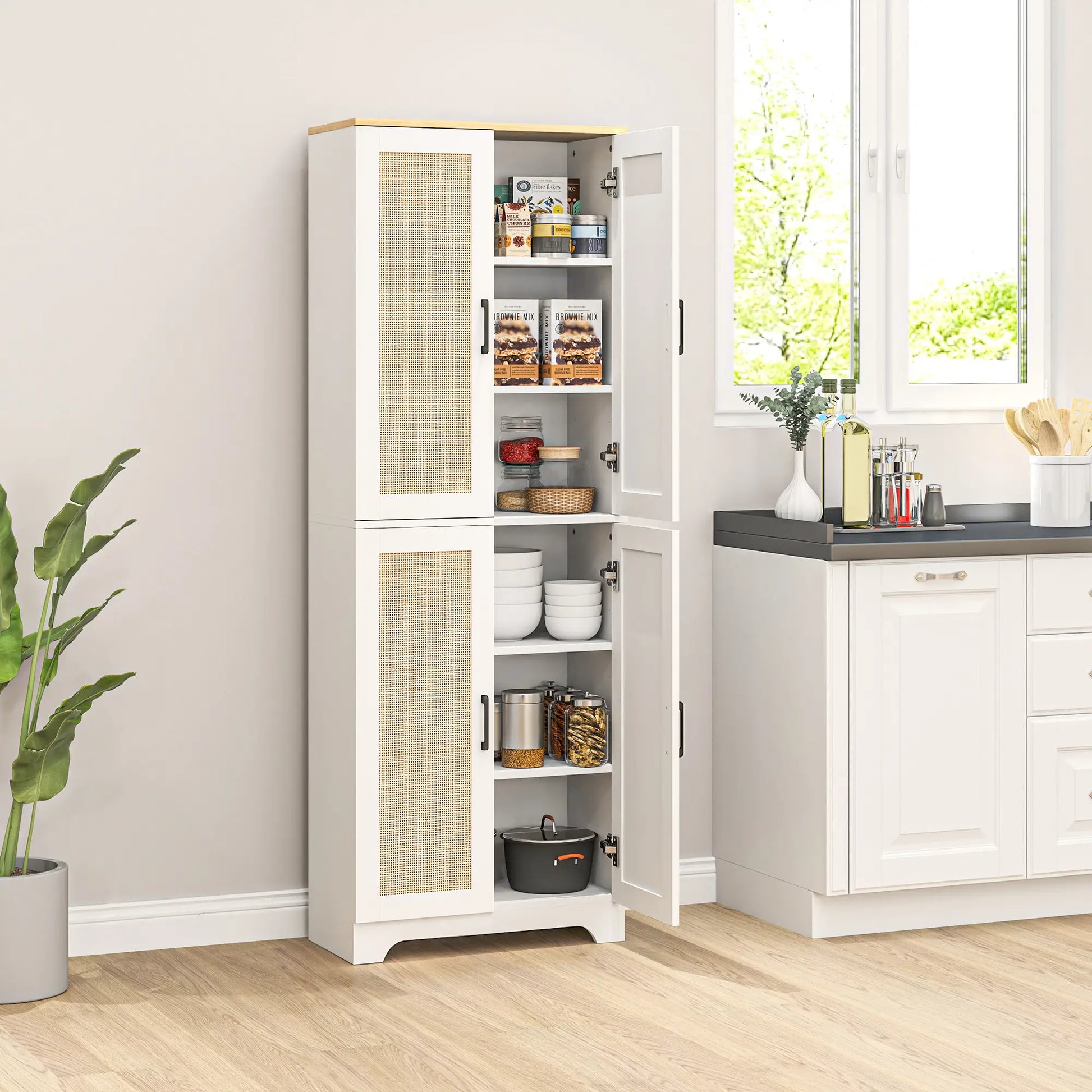 67" Tall Kitchen Pantry, Freestanding Cabinet, 4 Rattan Doors, Adjustable Shelves, White Storage Cabinets at Gallery Canada