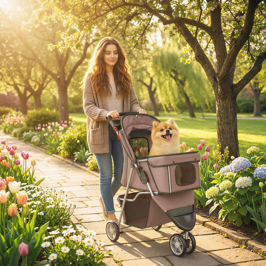 3 Wheels Foldable Dog Stroller, Storage Basket, Adjustable Canopy, Coffee Dog Bike Trailers & Strollers Coffee, Grey at Gallery Canada