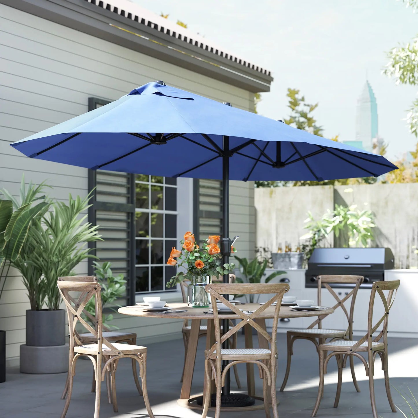 15ft Double-Sided Patio Umbrella, Twin Canopy, Crank, Blue Sun Umbrellas at Gallery Canada