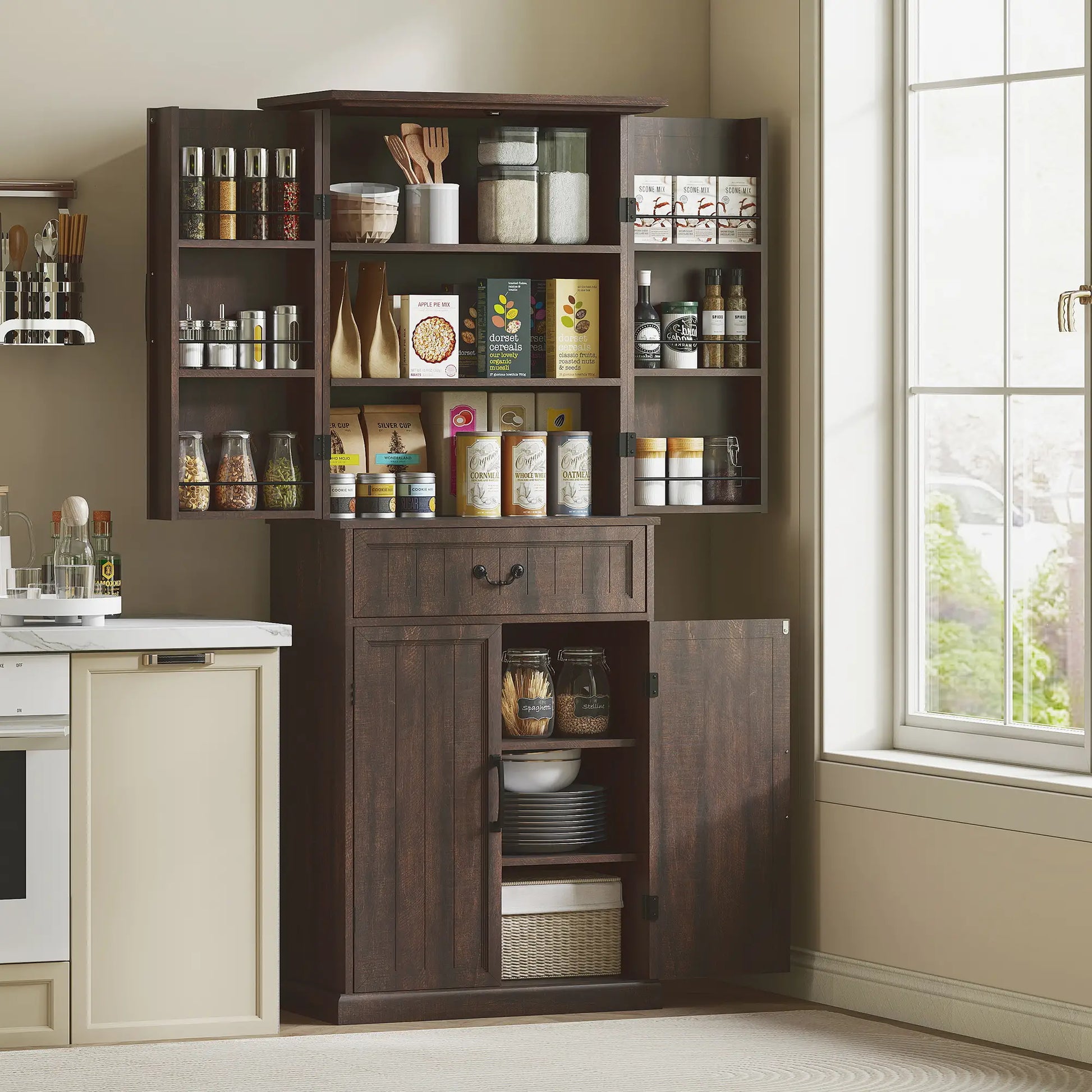 71" LED Kitchen Pantry Cabinet, Farmhouse Storage, Distressed Brown, Brown Kitchen Pantry Cabinets at Gallery Canada