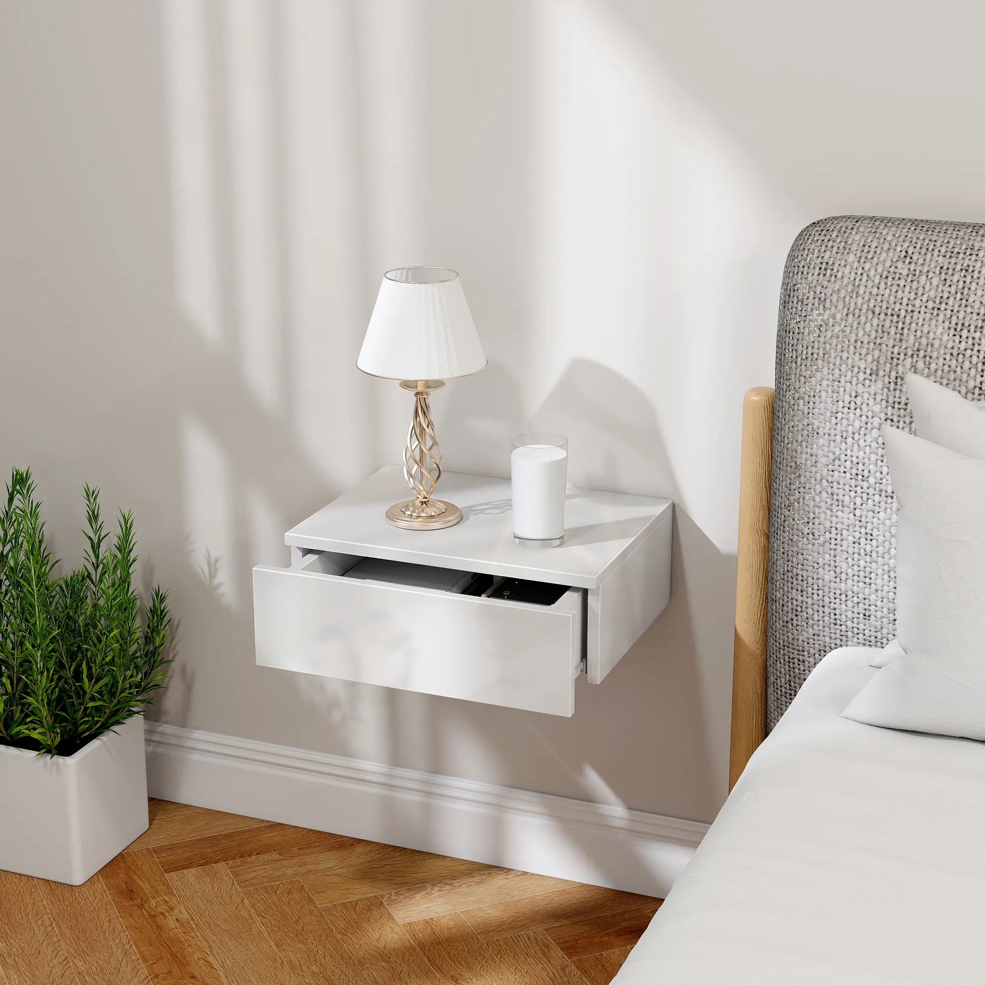 Set of 2 Wall Mounted Bedside Tables, High Gloss Floating Nightstands with Drawer, White Bedside Tables at Gallery Canada
