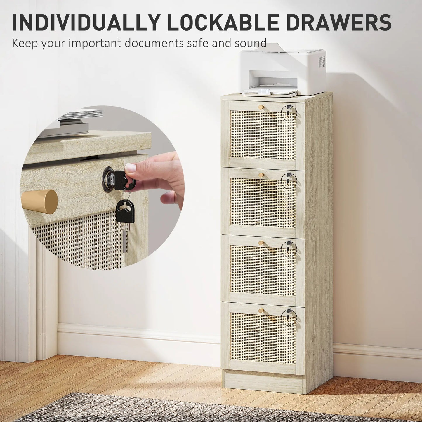 4 Drawer Filing Cabinet with Lock, Boho File Cabinet, A4 Letter Size, Oak Office Cabinets & Cupboards at Gallery Canada