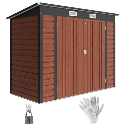 8 x 4FT Galvanized Metal Garden Storage Shed, Double Doors, 2 Vents, Teak