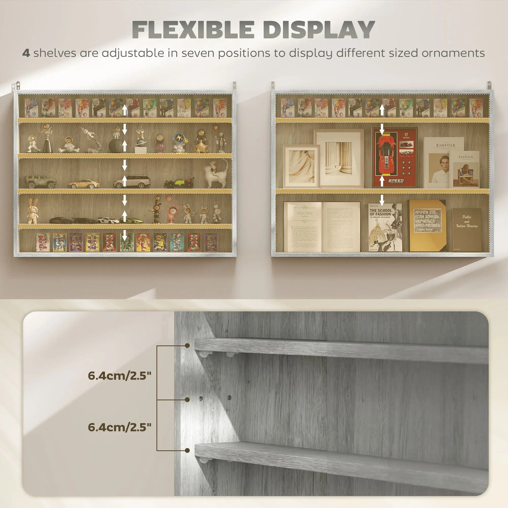 5-Tier Glass Display Cabinet, 2 Doors, 4 Adjustable Shelves, Grey Display Bookshelves at Gallery Canada
