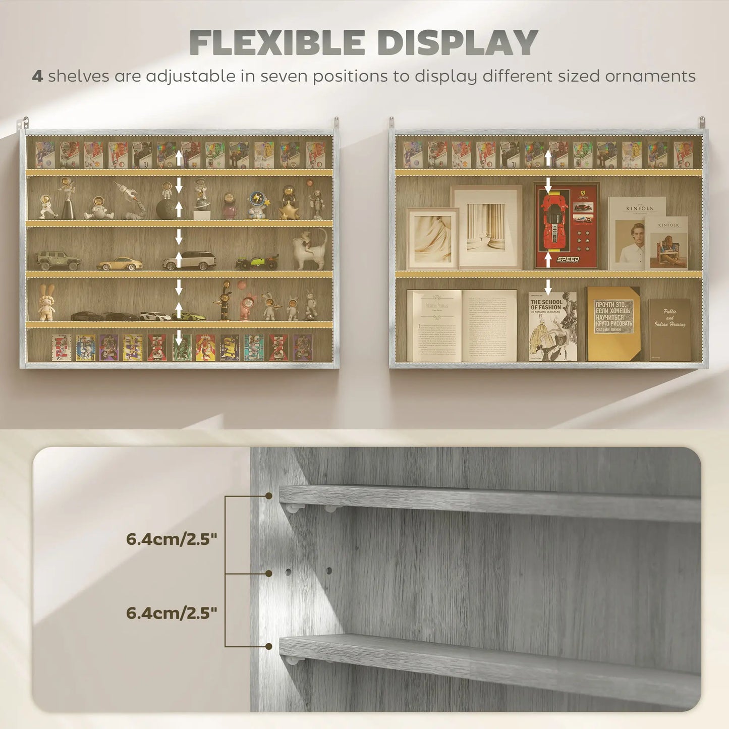 5-Tier Glass Display Cabinet, 2 Doors, 4 Adjustable Shelves, Grey Display Bookshelves at Gallery Canada