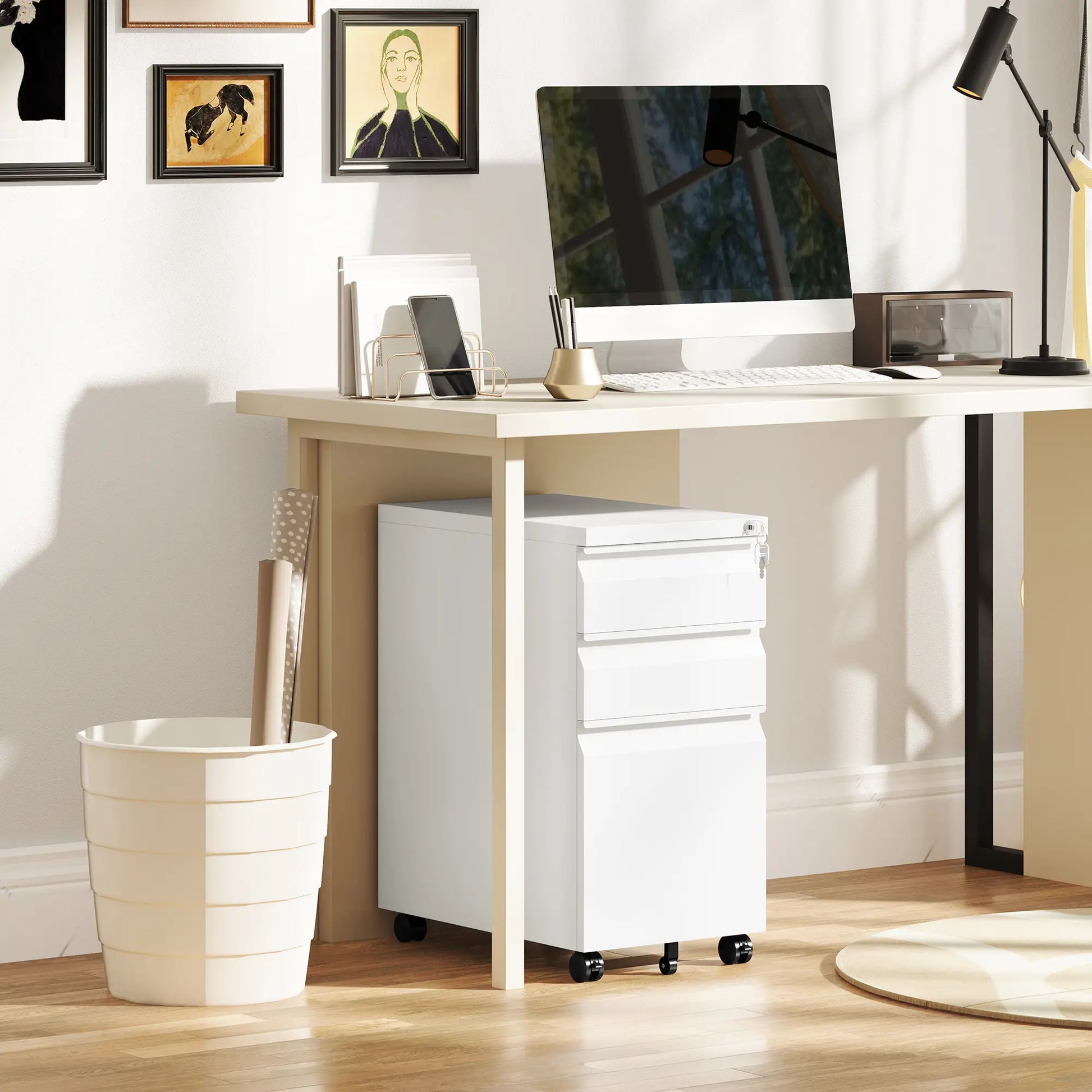 3 Drawer Steel Filing Cabinet with Lock, Hanging Bar, White Office Cabinets & Cupboards at Gallery Canada