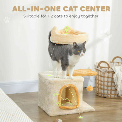 28 Inch Cat Tree Tower with Plush Bed, Condo, Sisal Post, Perch, Dangling Ball, Beige and Yellow Cat Posts at Gallery Canada