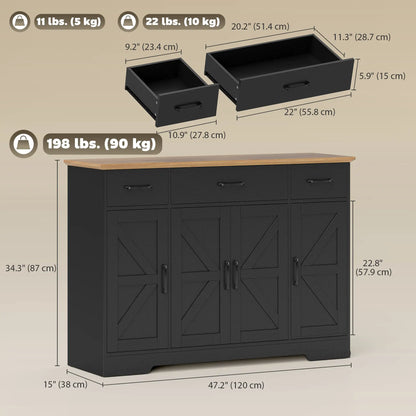 47" Buffet Cabinet, Farmhouse Sideboard, 3 Drawers, Adjustable Shelves, Black Bar Cabinets at Gallery Canada